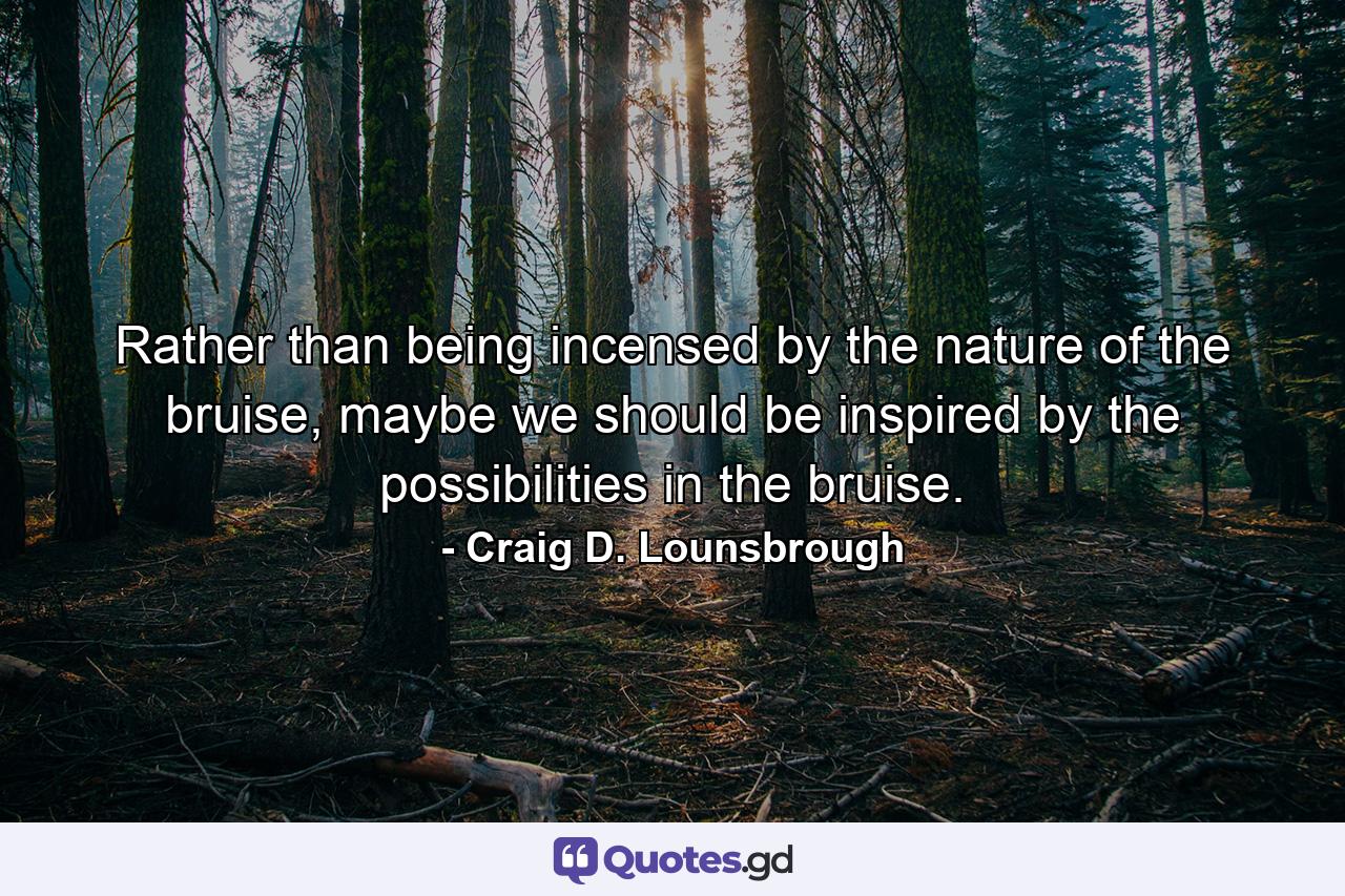 Rather than being incensed by the nature of the bruise, maybe we should be inspired by the possibilities in the bruise. - Quote by Craig D. Lounsbrough