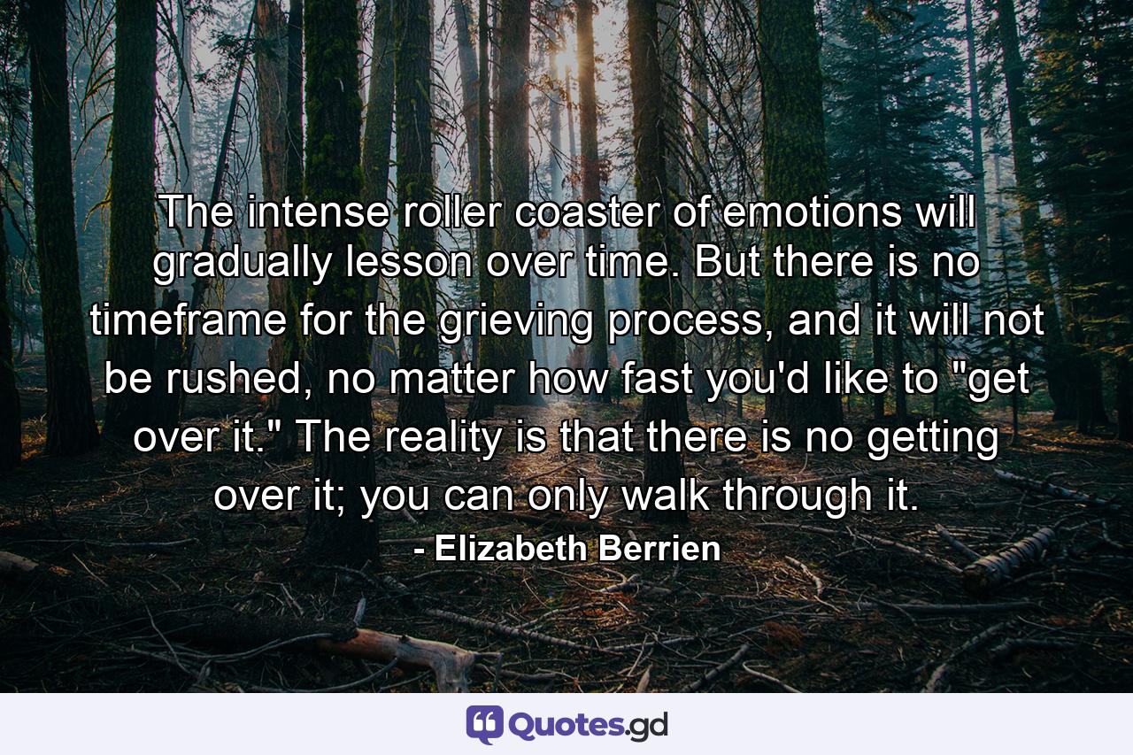 The intense roller coaster of emotions will gradually lesson over time. But there is no timeframe for the grieving process, and it will not be rushed, no matter how fast you'd like to 