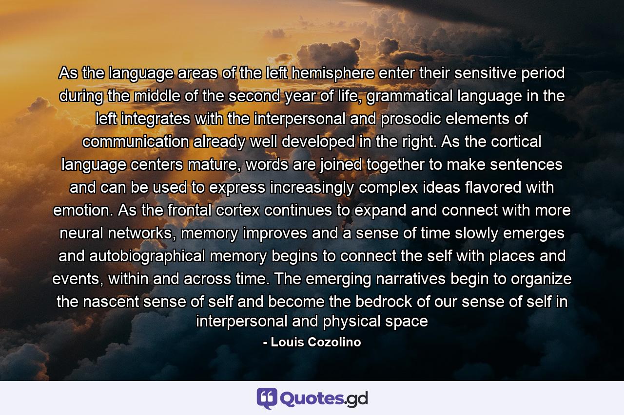 As the language areas of the left hemisphere enter their sensitive period during the middle of the second year of life, grammatical language in the left integrates with the interpersonal and prosodic elements of communication already well developed in the right. As the cortical language centers mature, words are joined together to make sentences and can be used to express increasingly complex ideas flavored with emotion. As the frontal cortex continues to expand and connect with more neural networks, memory improves and a sense of time slowly emerges and autobiographical memory begins to connect the self with places and events, within and across time. The emerging narratives begin to organize the nascent sense of self and become the bedrock of our sense of self in interpersonal and physical space - Quote by Louis Cozolino