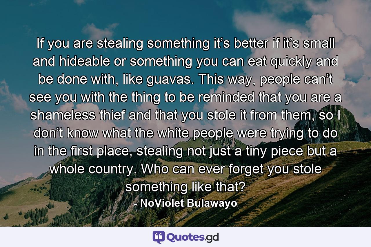 If you are stealing something it’s better if it’s small and hideable or something you can eat quickly and be done with, like guavas. This way, people can’t see you with the thing to be reminded that you are a shameless thief and that you stole it from them, so I don’t know what the white people were trying to do in the first place, stealing not just a tiny piece but a whole country. Who can ever forget you stole something like that? - Quote by NoViolet Bulawayo