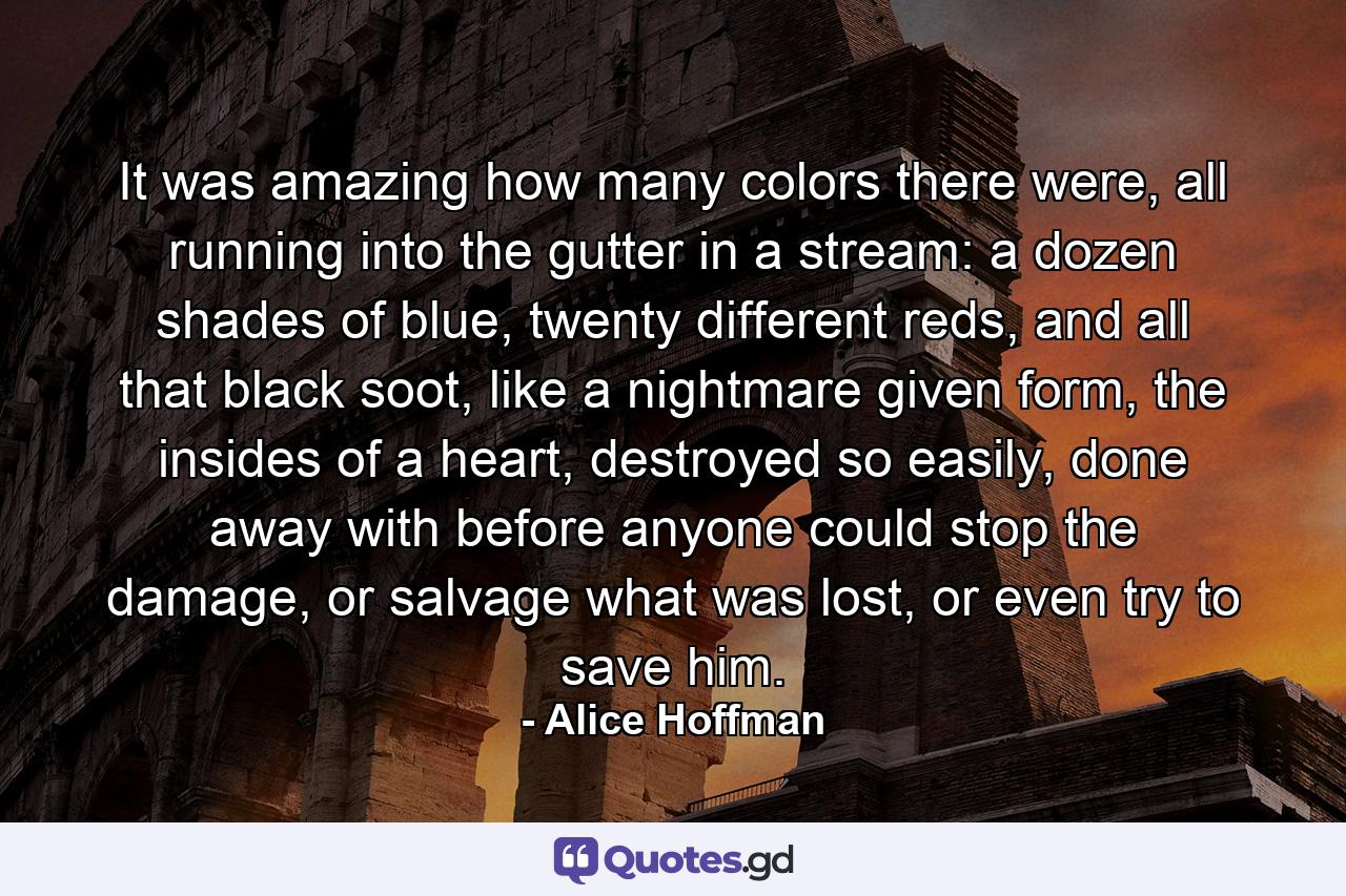 It was amazing how many colors there were, all running into the gutter in a stream: a dozen shades of blue, twenty different reds, and all that black soot, like a nightmare given form, the insides of a heart, destroyed so easily, done away with before anyone could stop the damage, or salvage what was lost, or even try to save him. - Quote by Alice Hoffman