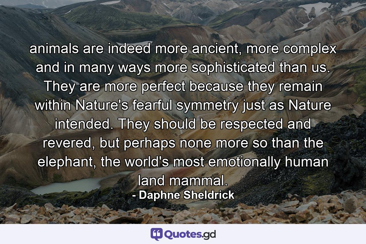 animals are indeed more ancient, more complex and in many ways more sophisticated than us. They are more perfect because they remain within Nature's fearful symmetry just as Nature intended. They should be respected and revered, but perhaps none more so than the elephant, the world's most emotionally human land mammal. - Quote by Daphne Sheldrick