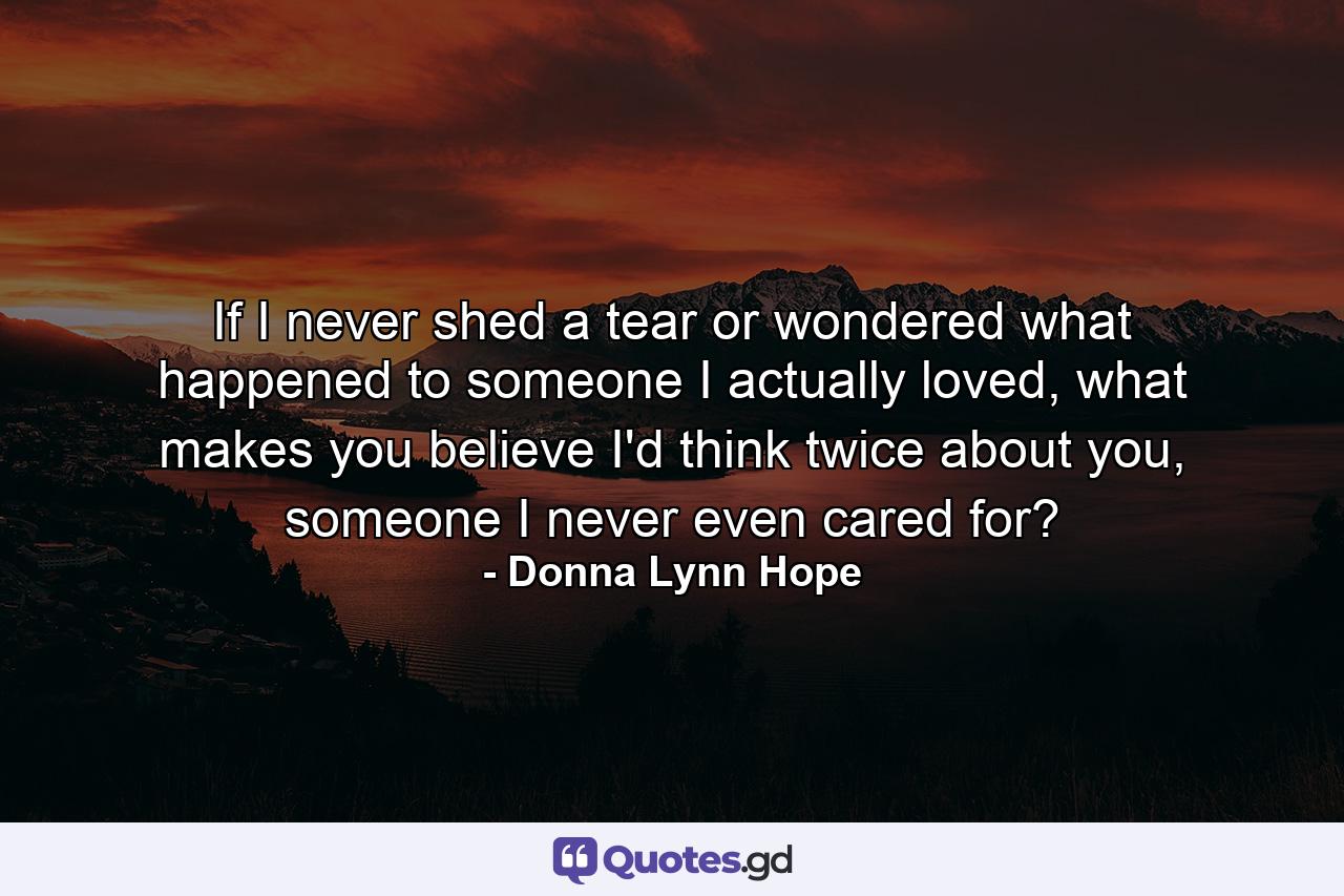 If I never shed a tear or wondered what happened to someone I actually loved, what makes you believe I'd think twice about you, someone I never even cared for? - Quote by Donna Lynn Hope