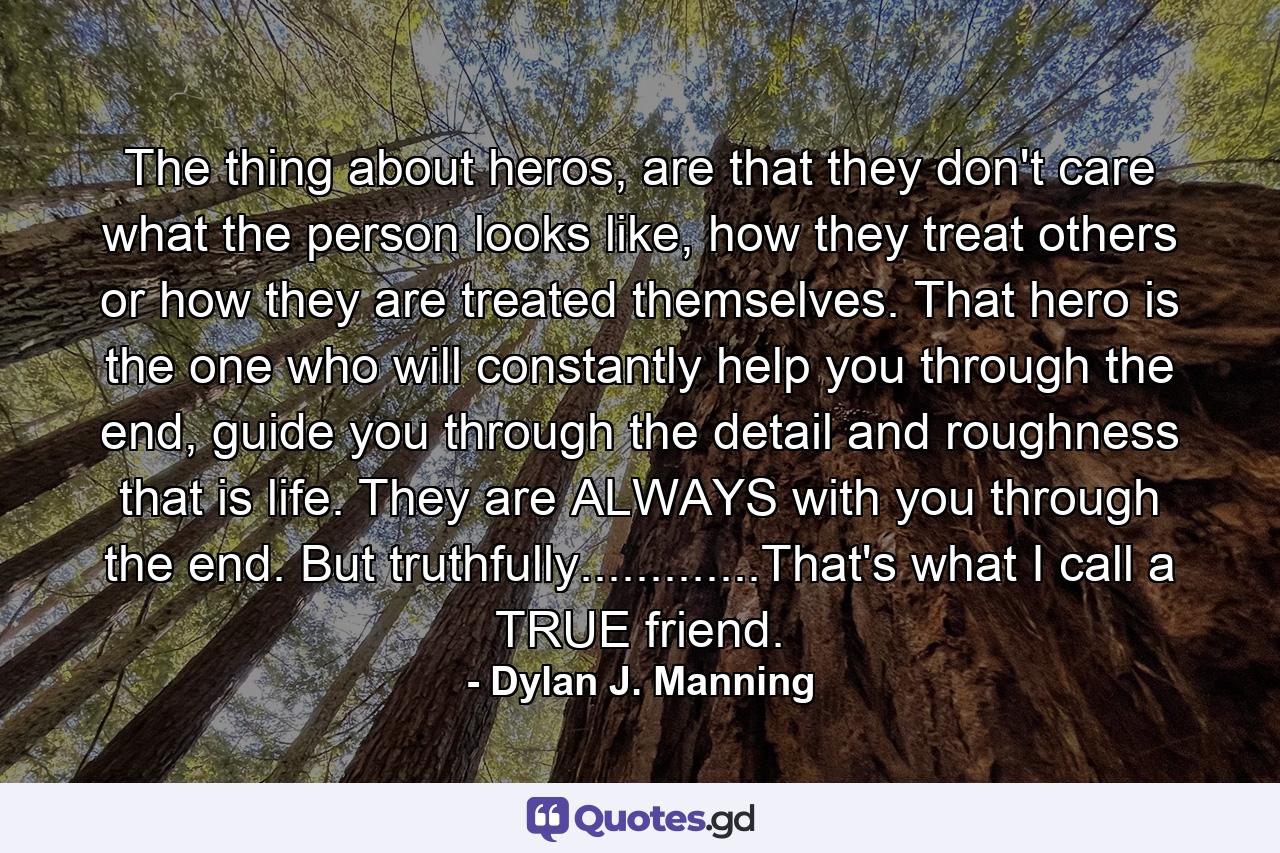 The thing about heros, are that they don't care what the person looks like, how they treat others or how they are treated themselves. That hero is the one who will constantly help you through the end, guide you through the detail and roughness that is life. They are ALWAYS with you through the end. But truthfully.............That's what I call a TRUE friend. - Quote by Dylan J. Manning