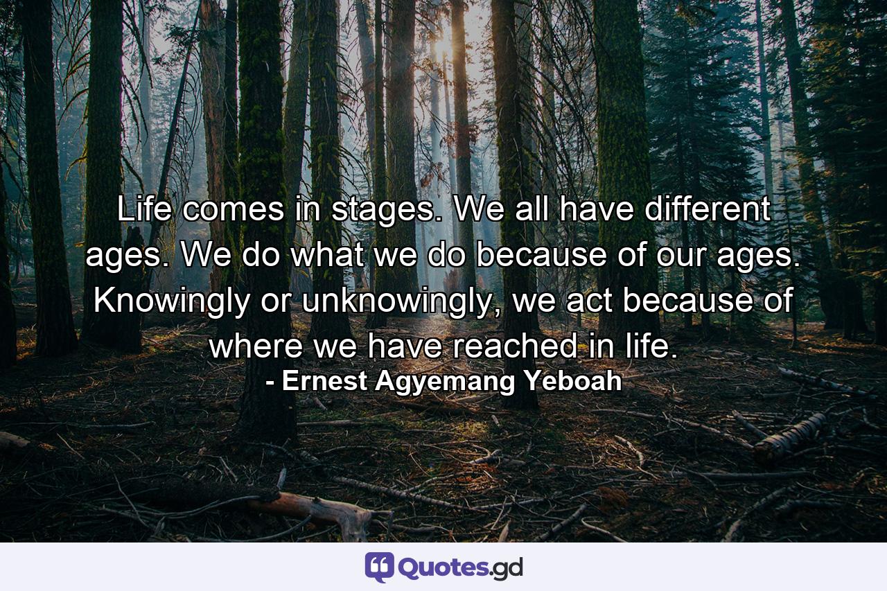 Life comes in stages. We all have different ages. We do what we do because of our ages. Knowingly or unknowingly, we act because of where we have reached in life. - Quote by Ernest Agyemang Yeboah