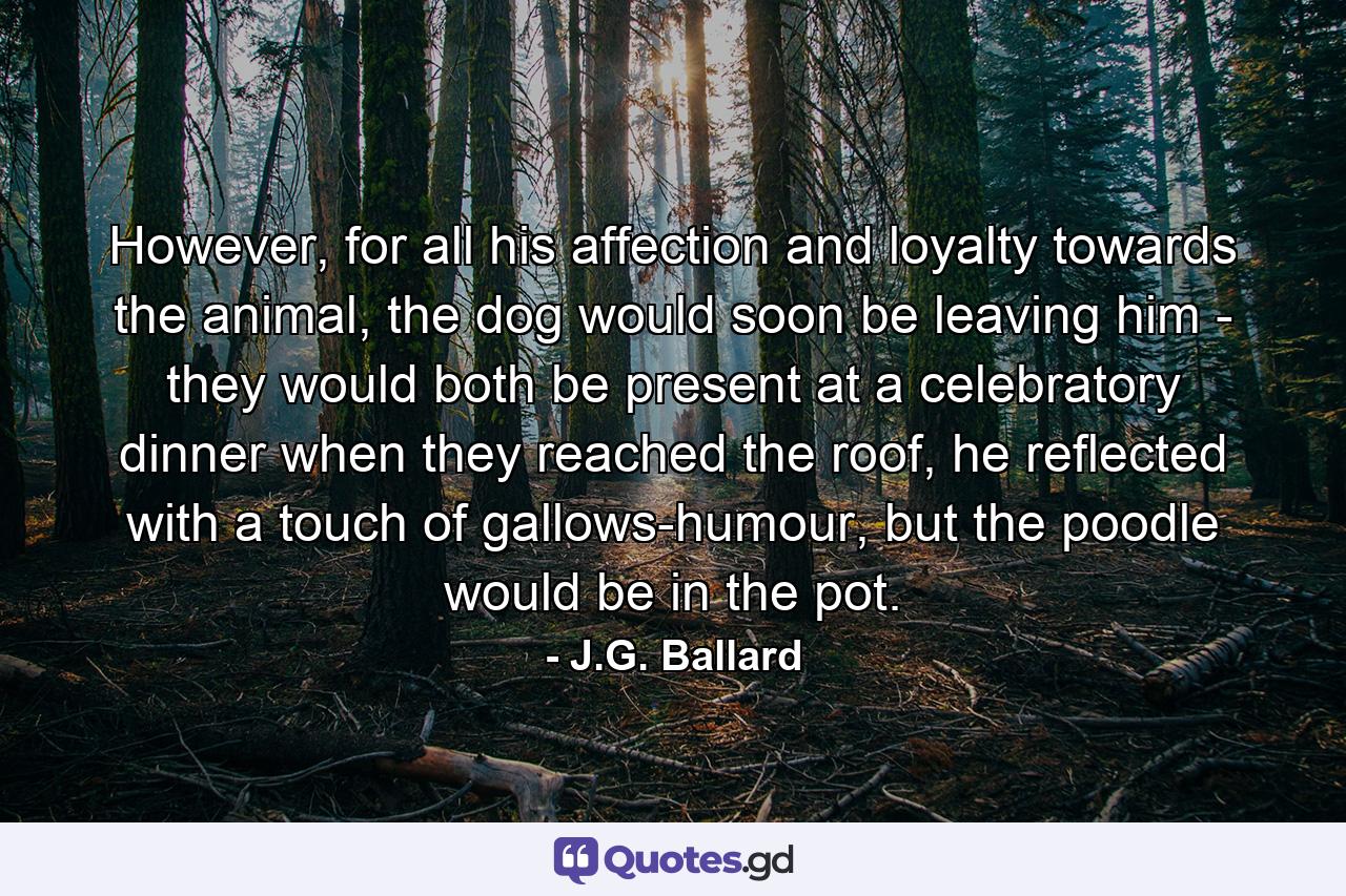 However, for all his affection and loyalty towards the animal, the dog would soon be leaving him - they would both be present at a celebratory dinner when they reached the roof, he reflected with a touch of gallows-humour, but the poodle would be in the pot. - Quote by J.G. Ballard