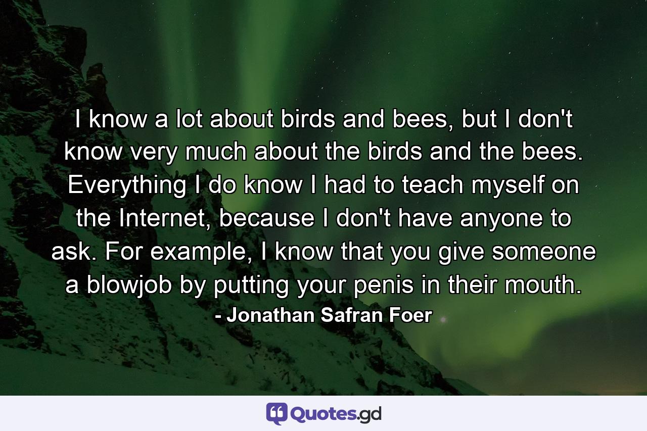 I know a lot about birds and bees, but I don't know very much about the birds and the bees. Everything I do know I had to teach myself on the Internet, because I don't have anyone to ask. For example, I know that you give someone a blowjob by putting your penis in their mouth. - Quote by Jonathan Safran Foer