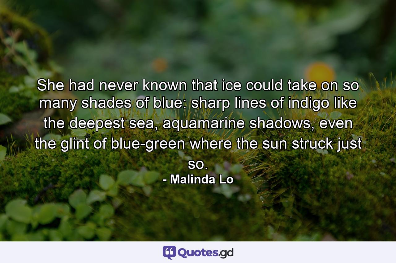 She had never known that ice could take on so many shades of blue: sharp lines of indigo like the deepest sea, aquamarine shadows, even the glint of blue-green where the sun struck just so. - Quote by Malinda Lo