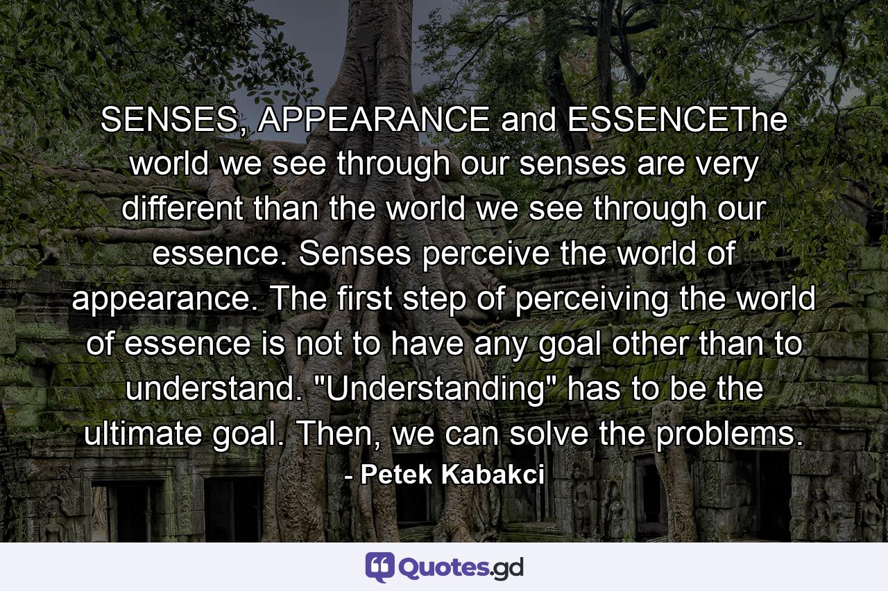 SENSES, APPEARANCE and ESSENCEThe world we see through our senses are very different than the world we see through our essence. Senses perceive the world of appearance. The first step of perceiving the world of essence is not to have any goal other than to understand. 