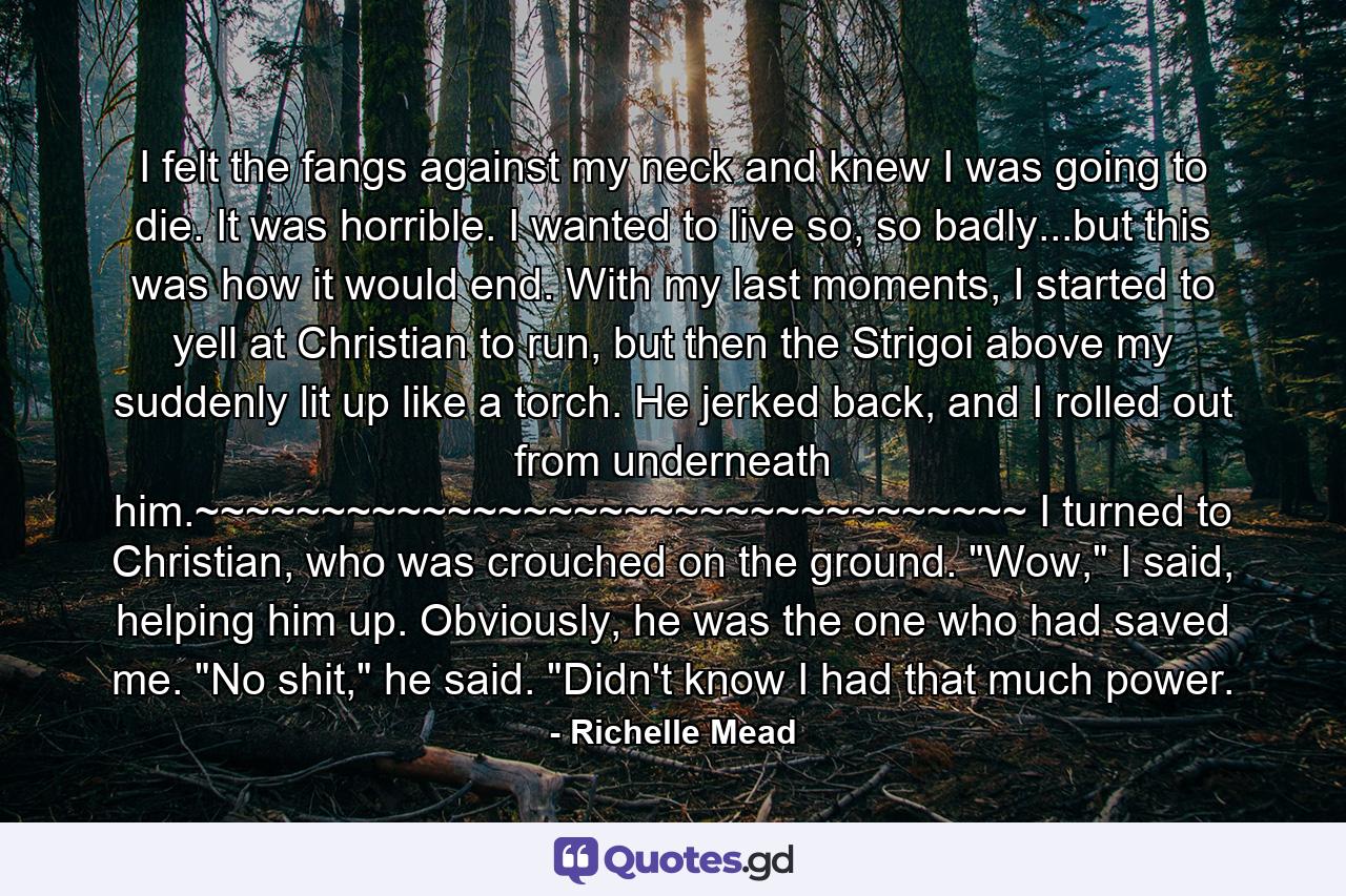 I felt the fangs against my neck and knew I was going to die. It was horrible. I wanted to live so, so badly...but this was how it would end. With my last moments, I started to yell at Christian to run, but then the Strigoi above my suddenly lit up like a torch. He jerked back, and I rolled out from underneath him.~~~~~~~~~~~~~~~~~~~~~~~~~~~~~~~~~ I turned to Christian, who was crouched on the ground. 