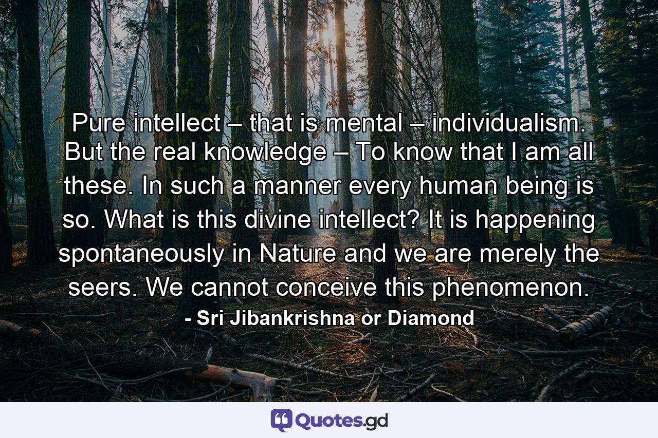 Pure intellect – that is mental – individualism. But the real knowledge – To know that I am all these. In such a manner every human being is so. What is this divine intellect? It is happening spontaneously in Nature and we are merely the seers. We cannot conceive this phenomenon. - Quote by Sri Jibankrishna or Diamond