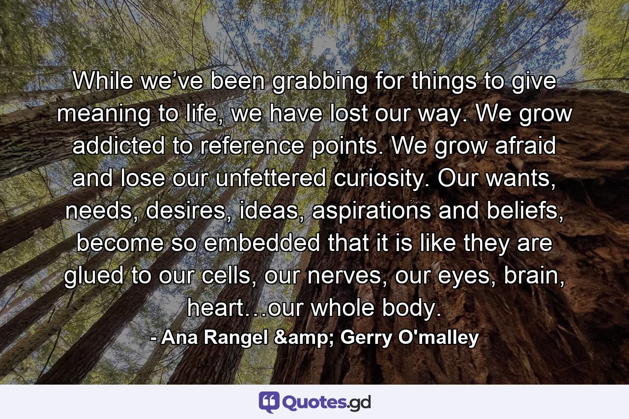 While we’ve been grabbing for things to give meaning to life, we have lost our way. We grow addicted to reference points. We grow afraid and lose our unfettered curiosity. Our wants, needs, desires, ideas, aspirations and beliefs, become so embedded that it is like they are glued to our cells, our nerves, our eyes, brain, heart…our whole body. - Quote by Ana Rangel & Gerry O'malley