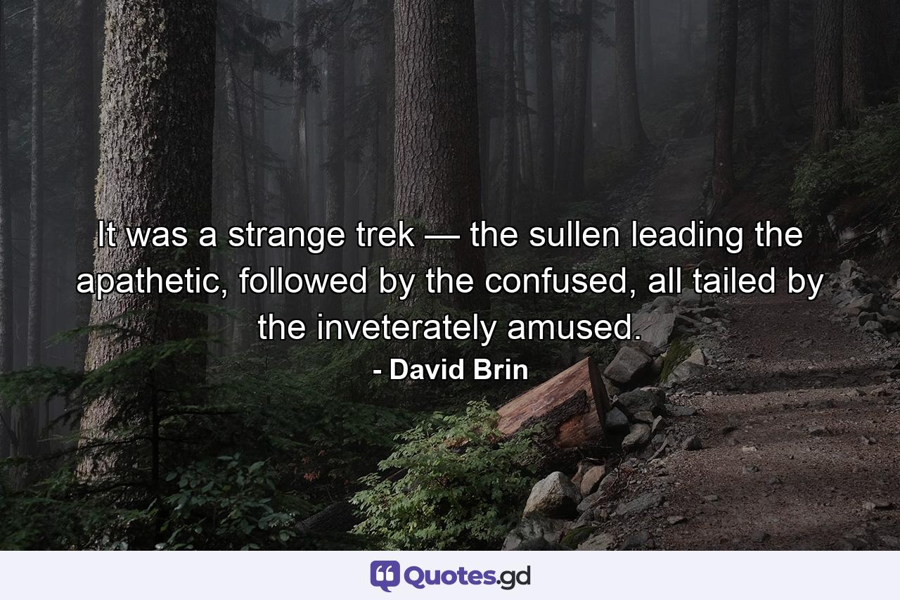 It was a strange trek — the sullen leading the apathetic, followed by the confused, all tailed by the inveterately amused. - Quote by David Brin