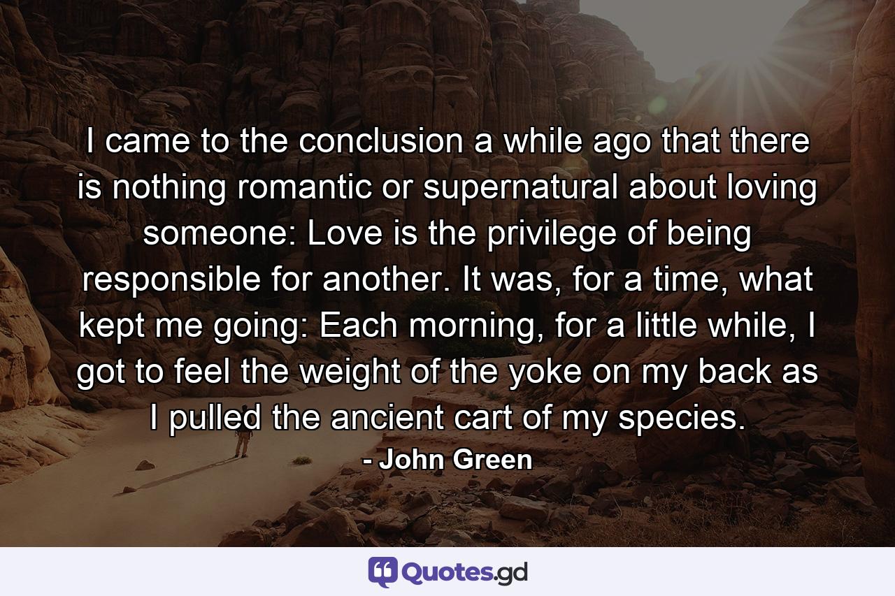 I came to the conclusion a while ago that there is nothing romantic or supernatural about loving someone: Love is the privilege of being responsible for another. It was, for a time, what kept me going: Each morning, for a little while, I got to feel the weight of the yoke on my back as I pulled the ancient cart of my species. - Quote by John Green