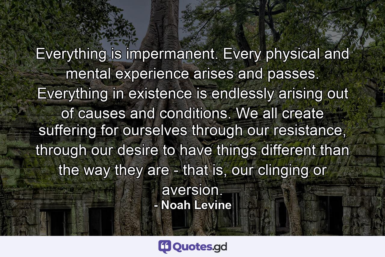 Everything is impermanent. Every physical and mental experience arises and passes. Everything in existence is endlessly arising out of causes and conditions. We all create suffering for ourselves through our resistance, through our desire to have things different than the way they are - that is, our clinging or aversion. - Quote by Noah Levine