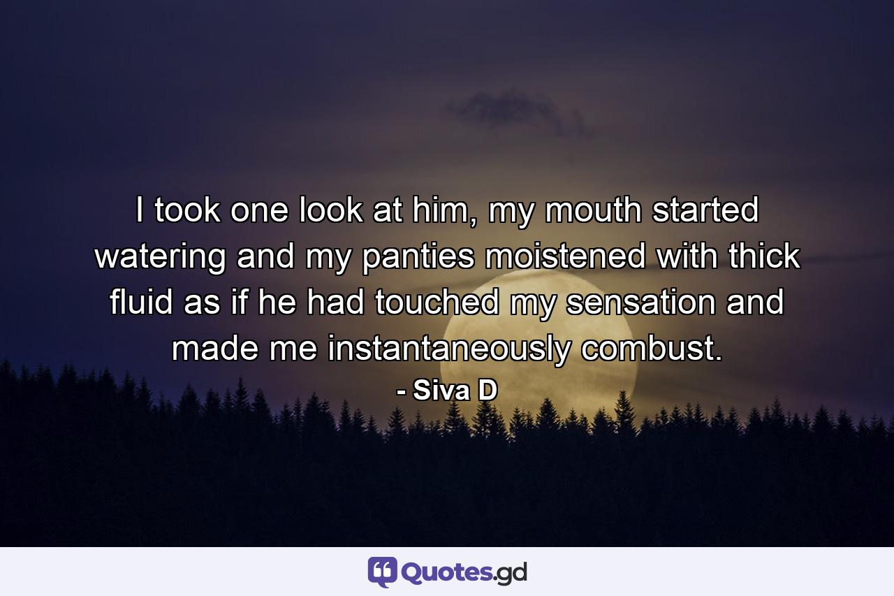 I took one look at him, my mouth started watering and my panties moistened with thick fluid as if he had touched my sensation and made me instantaneously combust. - Quote by Siva D