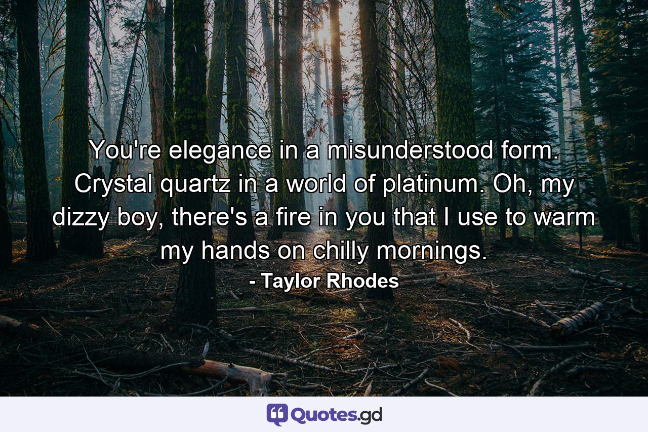 You're elegance in a misunderstood form. Crystal quartz in a world of platinum. Oh, my dizzy boy, there's a fire in you that I use to warm my hands on chilly mornings. - Quote by Taylor Rhodes