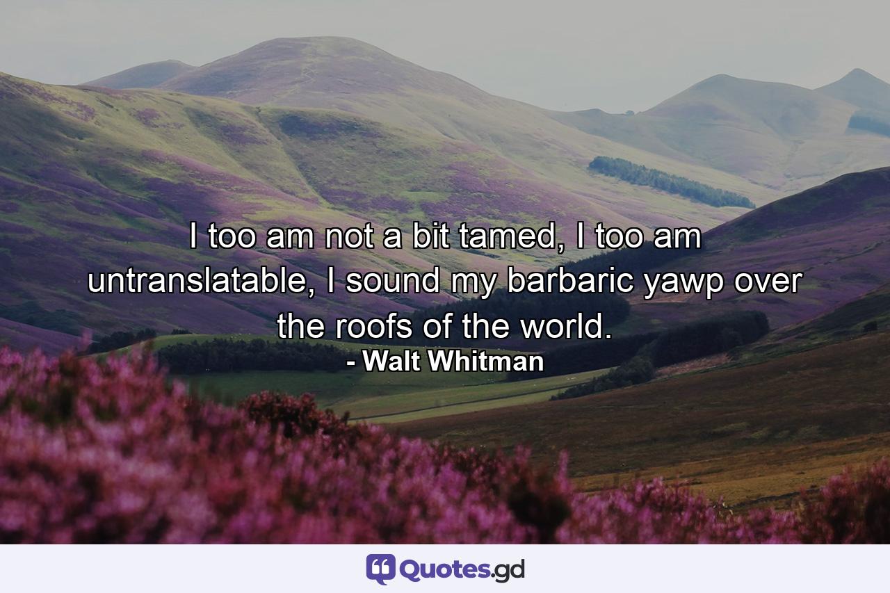 I too am not a bit tamed, I too am untranslatable, I sound my barbaric yawp over the roofs of the world. - Quote by Walt Whitman