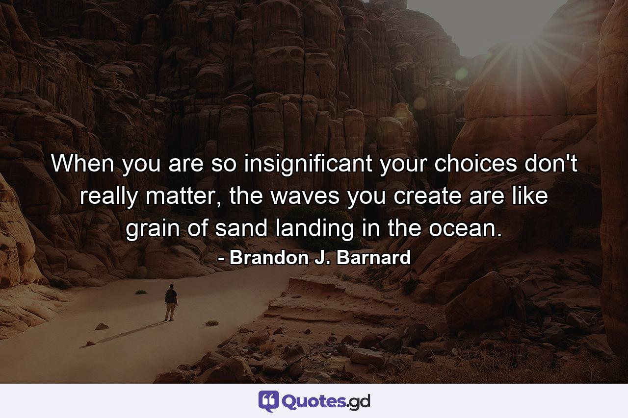 When you are so insignificant your choices don't really matter, the waves you create are like grain of sand landing in the ocean. - Quote by Brandon J. Barnard