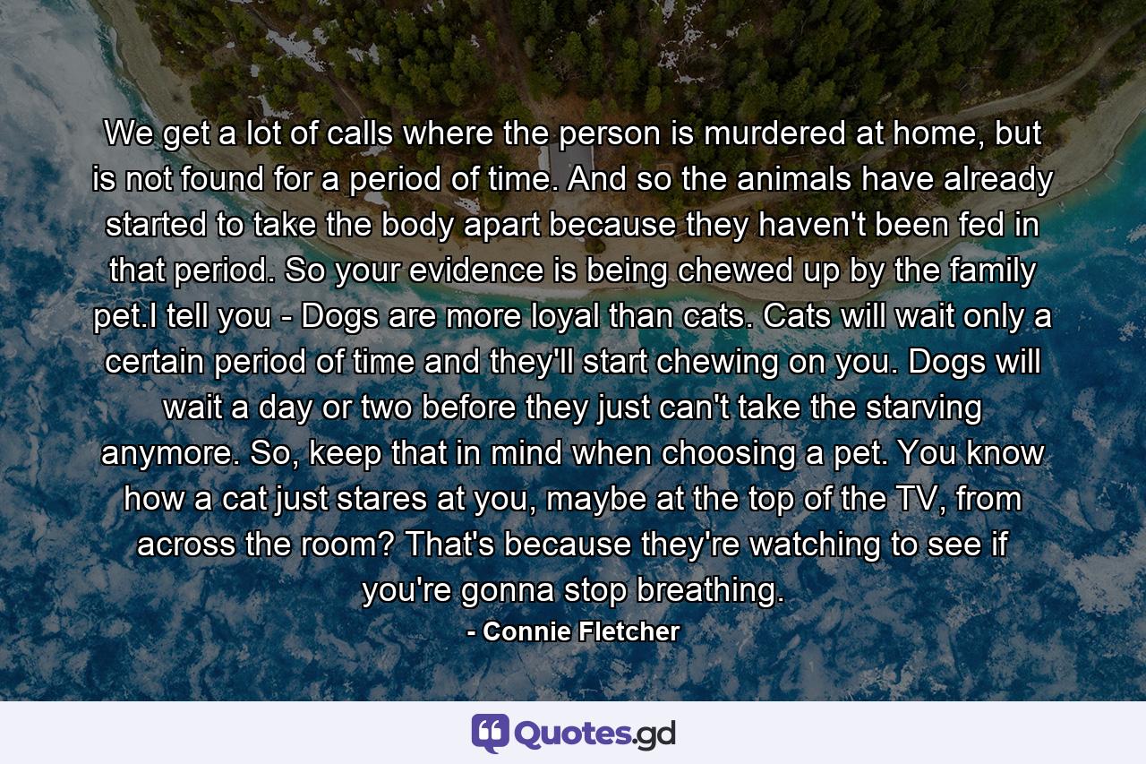 We get a lot of calls where the person is murdered at home, but is not found for a period of time. And so the animals have already started to take the body apart because they haven't been fed in that period. So your evidence is being chewed up by the family pet.I tell you - Dogs are more loyal than cats. Cats will wait only a certain period of time and they'll start chewing on you. Dogs will wait a day or two before they just can't take the starving anymore. So, keep that in mind when choosing a pet. You know how a cat just stares at you, maybe at the top of the TV, from across the room? That's because they're watching to see if you're gonna stop breathing. - Quote by Connie Fletcher