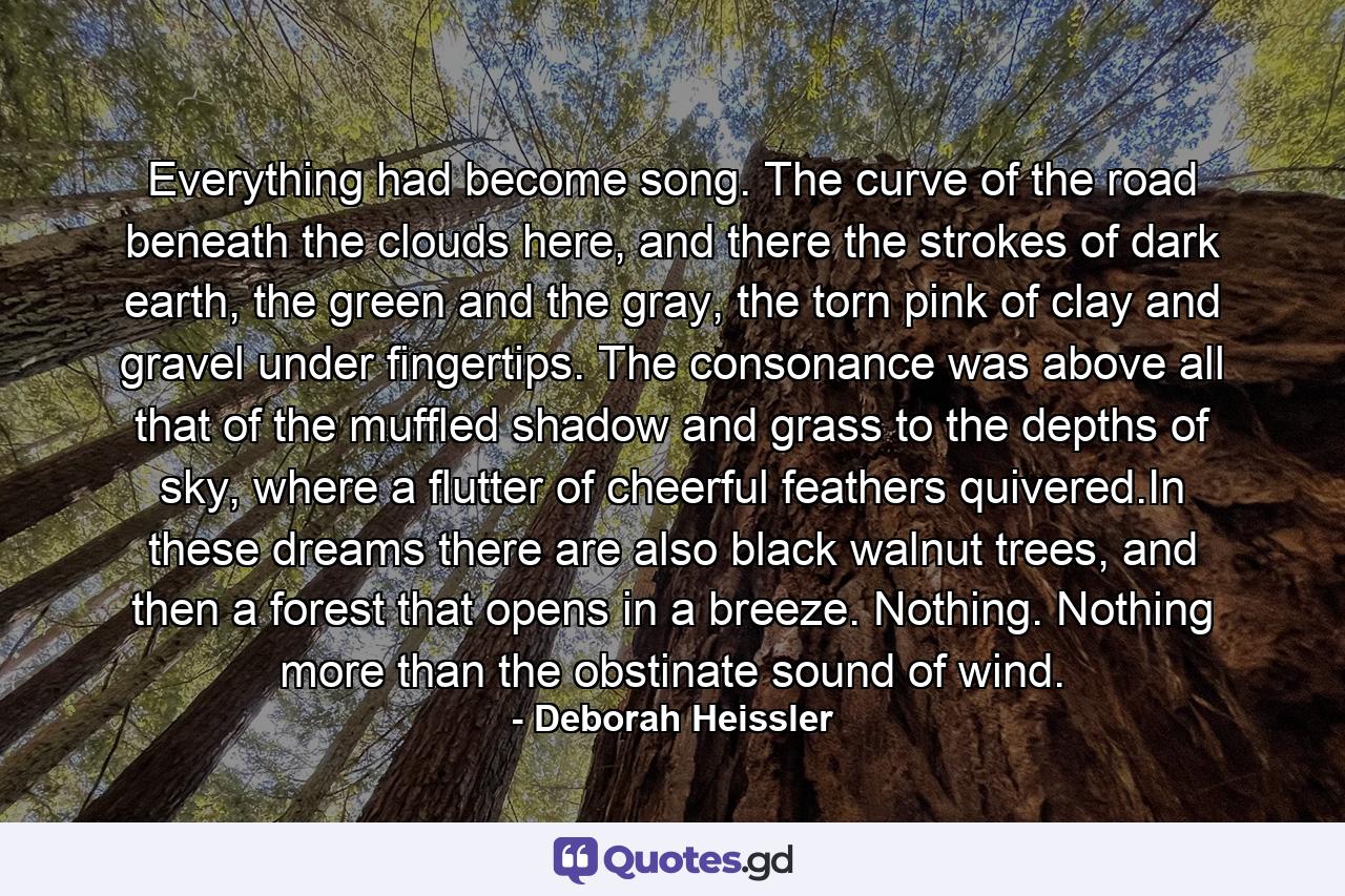 Everything had become song. The curve of the road beneath the clouds here, and there the strokes of dark earth, the green and the gray, the torn pink of clay and gravel under fingertips. The consonance was above all that of the muffled shadow and grass to the depths of sky, where a flutter of cheerful feathers quivered.In these dreams there are also black walnut trees, and then a forest that opens in a breeze. Nothing. Nothing more than the obstinate sound of wind. - Quote by Deborah Heissler