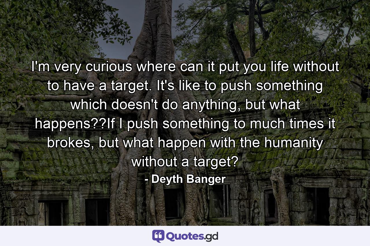 I'm very curious where can it put you life without to have a target. It's like to push something which doesn't do anything, but what happens??If I push something to much times it brokes, but what happen with the humanity without a target? - Quote by Deyth Banger