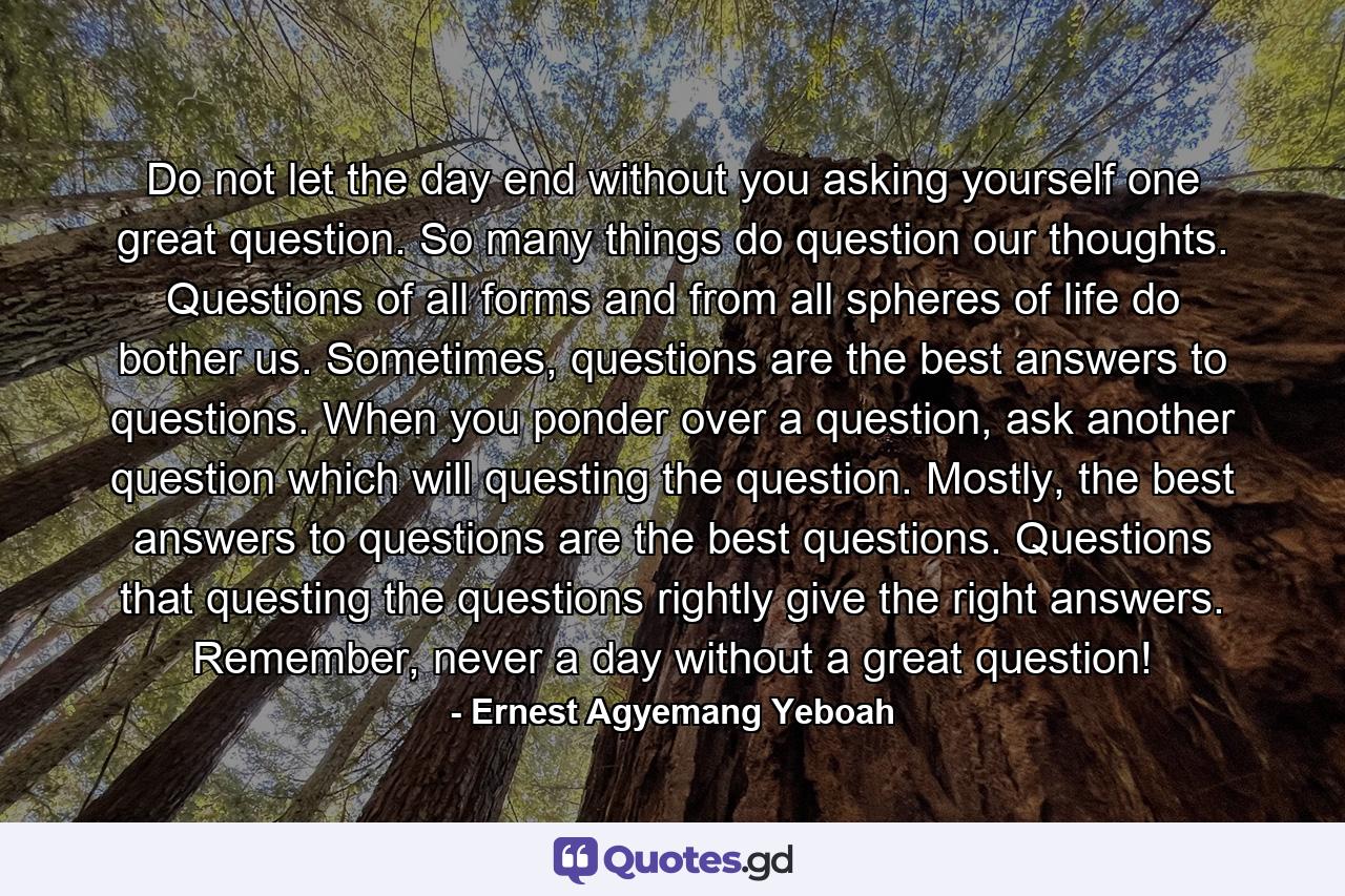 Do not let the day end without you asking yourself one great question. So many things do question our thoughts. Questions of all forms and from all spheres of life do bother us. Sometimes, questions are the best answers to questions. When you ponder over a question, ask another question which will questing the question. Mostly, the best answers to questions are the best questions. Questions that questing the questions rightly give the right answers. Remember, never a day without a great question! - Quote by Ernest Agyemang Yeboah