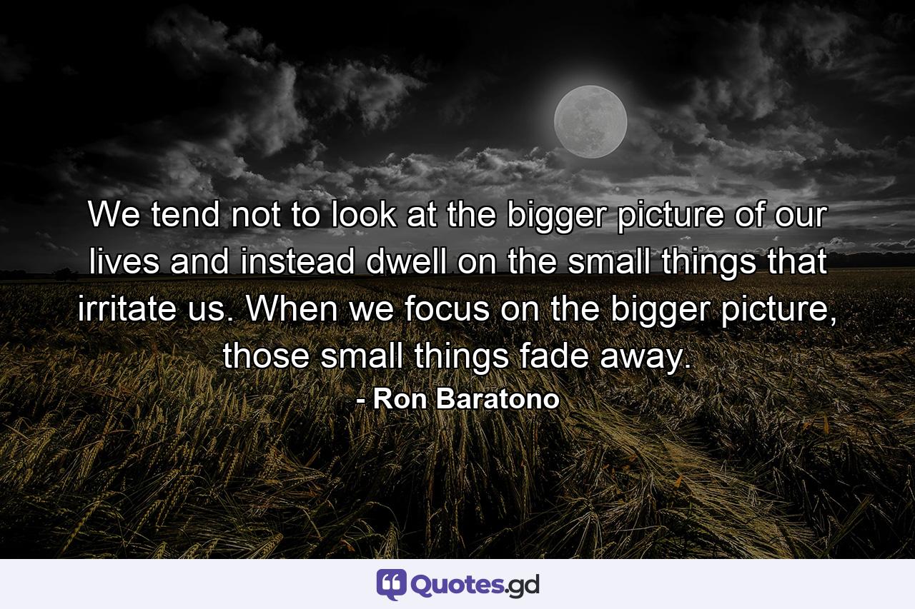 We tend not to look at the bigger picture of our lives and instead dwell on the small things that irritate us. When we focus on the bigger picture, those small things fade away. - Quote by Ron Baratono