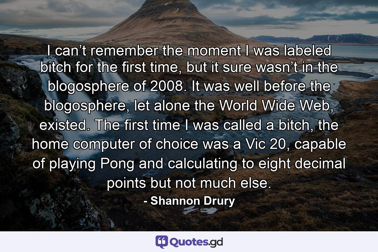 I can’t remember the moment I was labeled bitch for the first time, but it sure wasn’t in the blogosphere of 2008. It was well before the blogosphere, let alone the World Wide Web, existed. The first time I was called a bitch, the home computer of choice was a Vic 20, capable of playing Pong and calculating to eight decimal points but not much else. - Quote by Shannon Drury