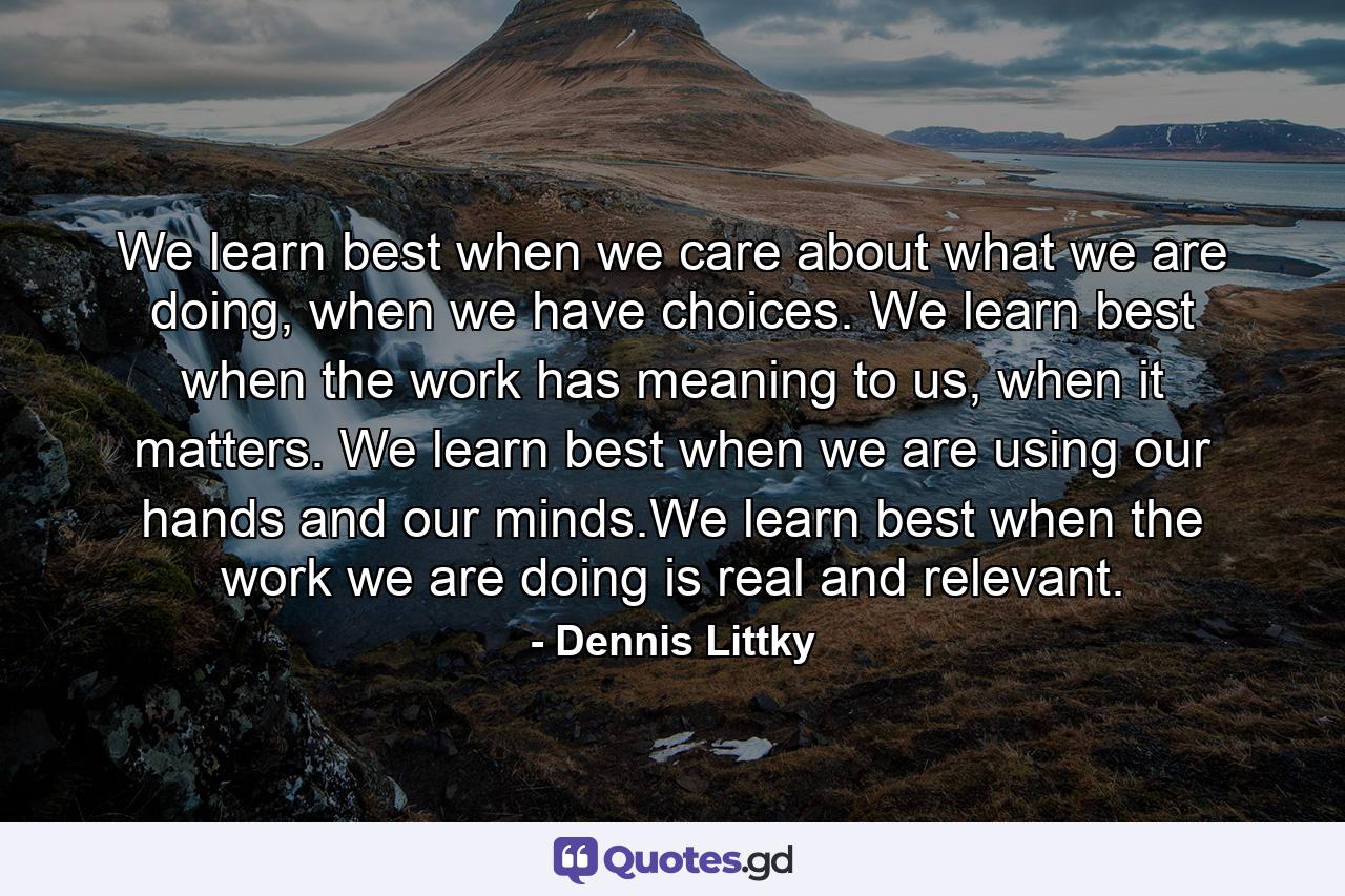 We learn best when we care about what we are doing, when we have choices. We learn best when the work has meaning to us, when it matters. We learn best when we are using our hands and our minds.We learn best when the work we are doing is real and relevant. - Quote by Dennis Littky