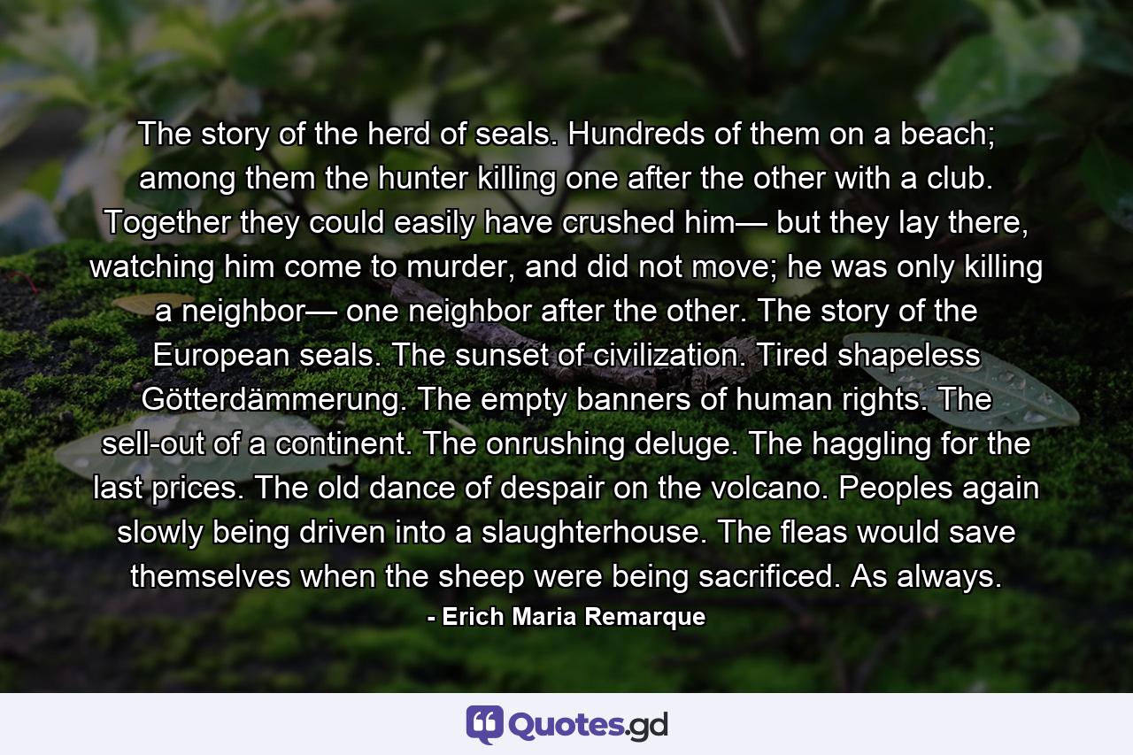 The story of the herd of seals. Hundreds of them on a beach; among them the hunter killing one after the other with a club. Together they could easily have crushed him— but they lay there, watching him come to murder, and did not move; he was only killing a neighbor— one neighbor after the other. The story of the European seals. The sunset of civilization. Tired shapeless Götterdämmerung. The empty banners of human rights. The sell-out of a continent. The onrushing deluge. The haggling for the last prices. The old dance of despair on the volcano. Peoples again slowly being driven into a slaughterhouse. The fleas would save themselves when the sheep were being sacrificed. As always. - Quote by Erich Maria Remarque