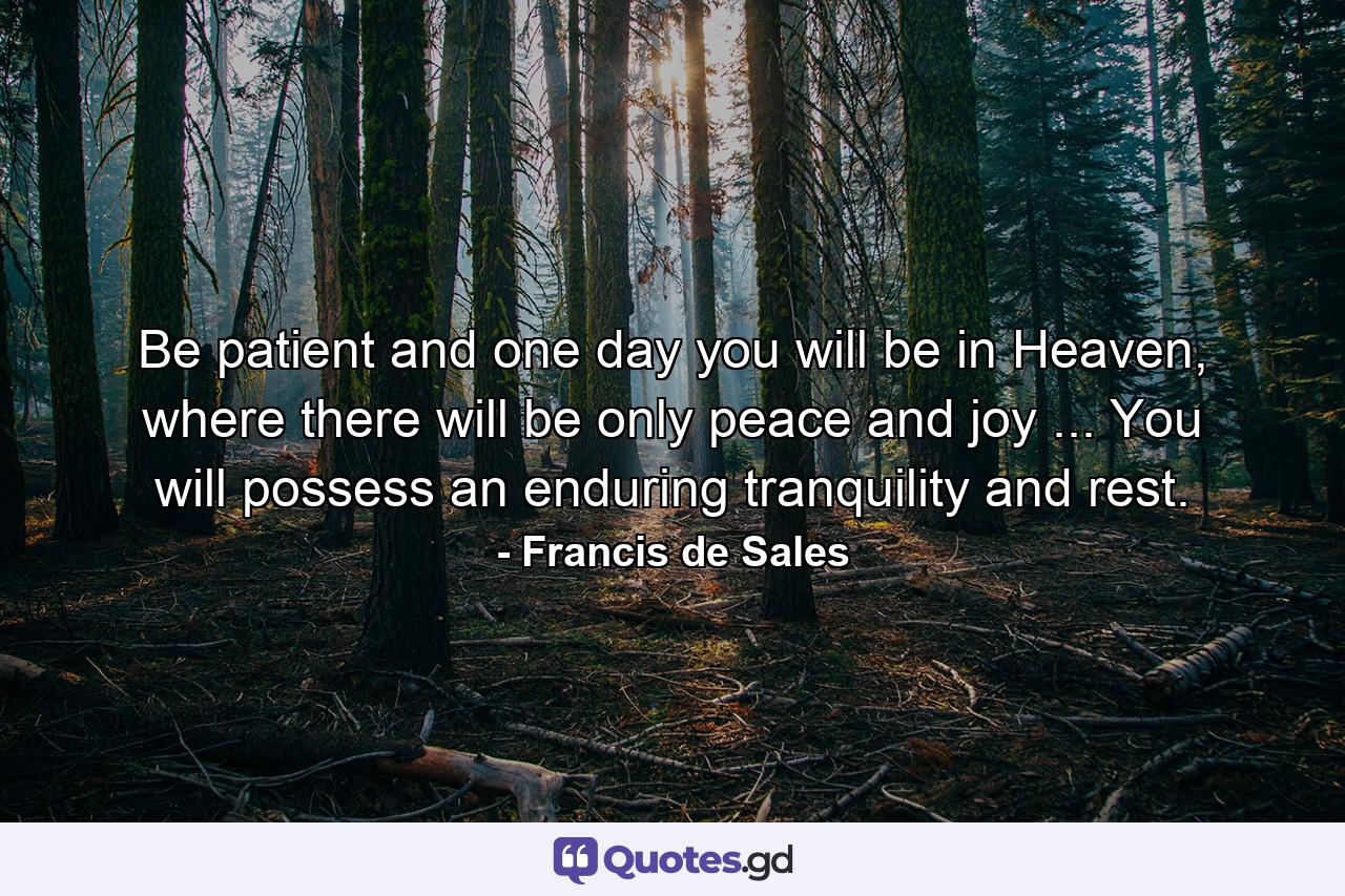 Be patient and one day you will be in Heaven, where there will be only peace and joy ... You will possess an enduring tranquility and rest. - Quote by Francis de Sales