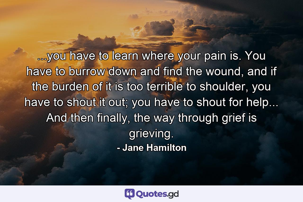 ...you have to learn where your pain is. You have to burrow down and find the wound, and if the burden of it is too terrible to shoulder, you have to shout it out; you have to shout for help... And then finally, the way through grief is grieving. - Quote by Jane Hamilton