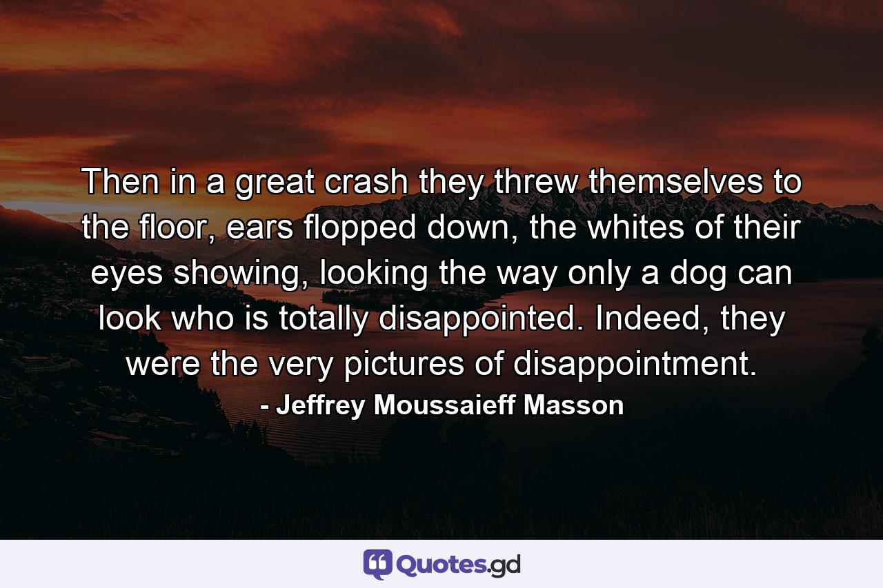 Then in a great crash they threw themselves to the floor, ears flopped down, the whites of their eyes showing, looking the way only a dog can look who is totally disappointed. Indeed, they were the very pictures of disappointment. - Quote by Jeffrey Moussaieff Masson