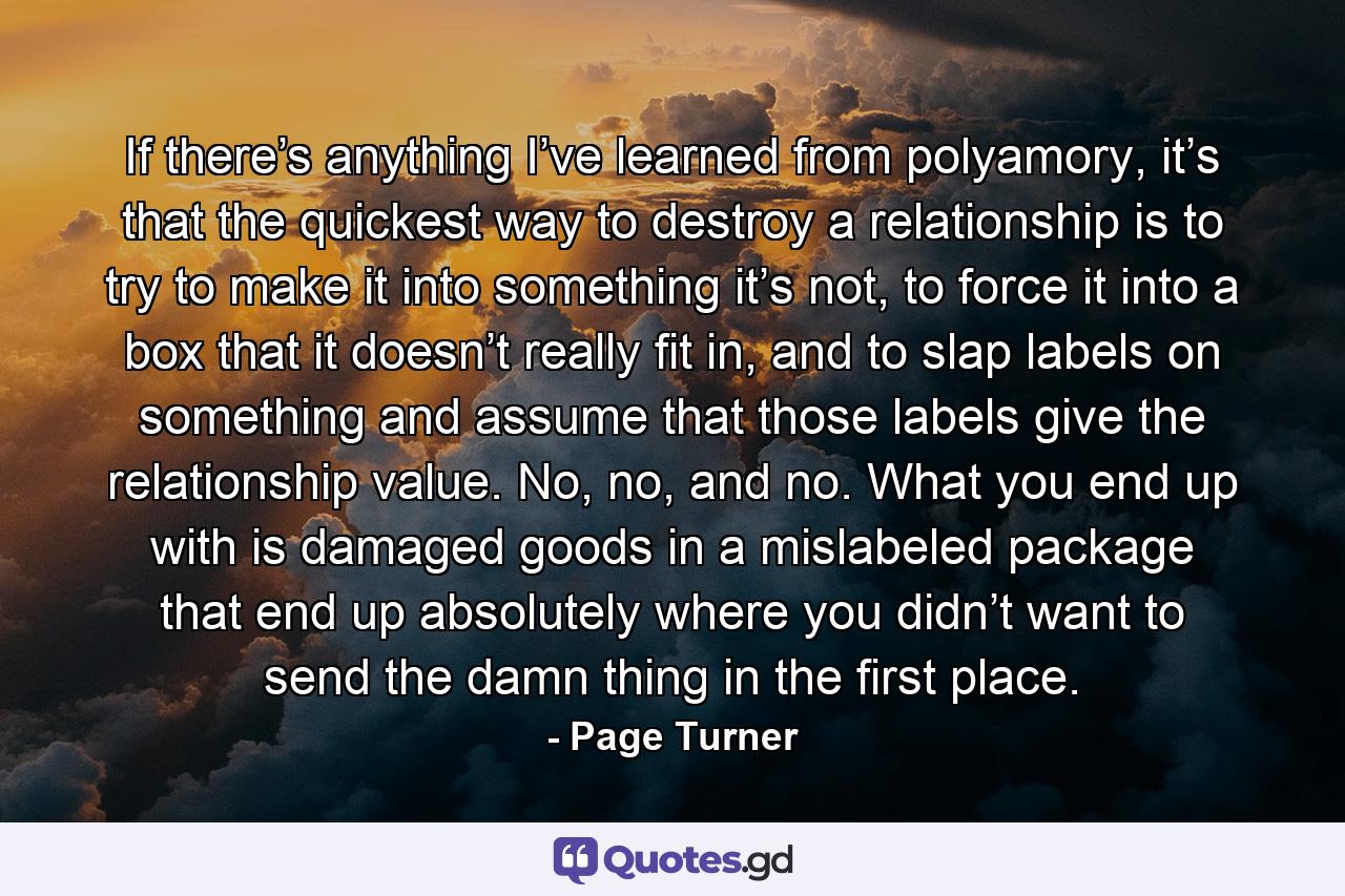 If there’s anything I’ve learned from polyamory, it’s that the quickest way to destroy a relationship is to try to make it into something it’s not, to force it into a box that it doesn’t really fit in, and to slap labels on something and assume that those labels give the relationship value. No, no, and no. What you end up with is damaged goods in a mislabeled package that end up absolutely where you didn’t want to send the damn thing in the first place. - Quote by Page Turner