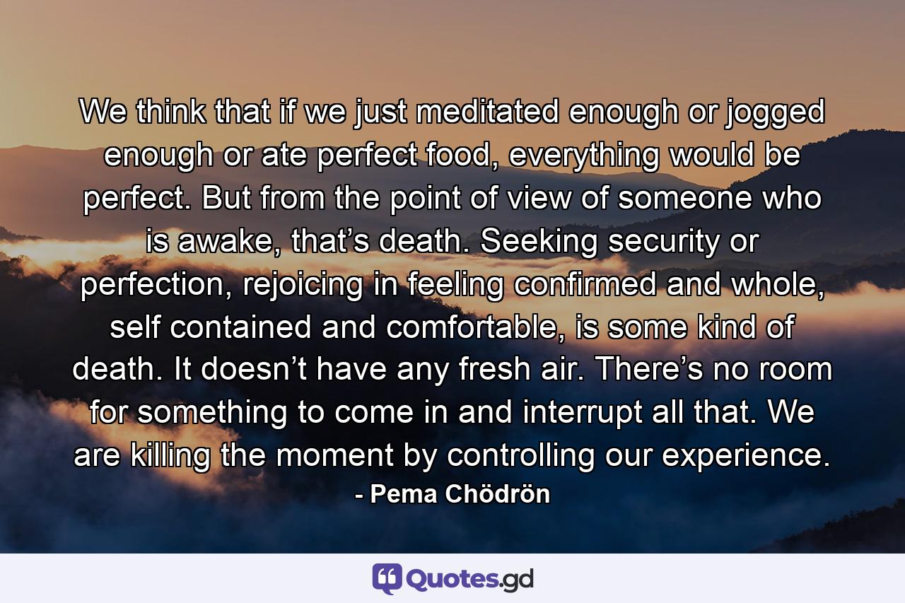 We think that if we just meditated enough or jogged enough or ate perfect food, everything would be perfect. But from the point of view of someone who is awake, that’s death. Seeking security or perfection, rejoicing in feeling confirmed and whole, self contained and comfortable, is some kind of death. It doesn’t have any fresh air. There’s no room for something to come in and interrupt all that. We are killing the moment by controlling our experience. - Quote by Pema Chödrön