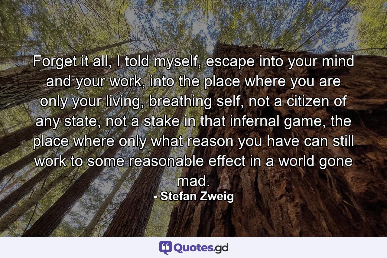 Forget it all, I told myself, escape into your mind and your work, into the place where you are only your living, breathing self, not a citizen of any state, not a stake in that infernal game, the place where only what reason you have can still work to some reasonable effect in a world gone mad. - Quote by Stefan Zweig