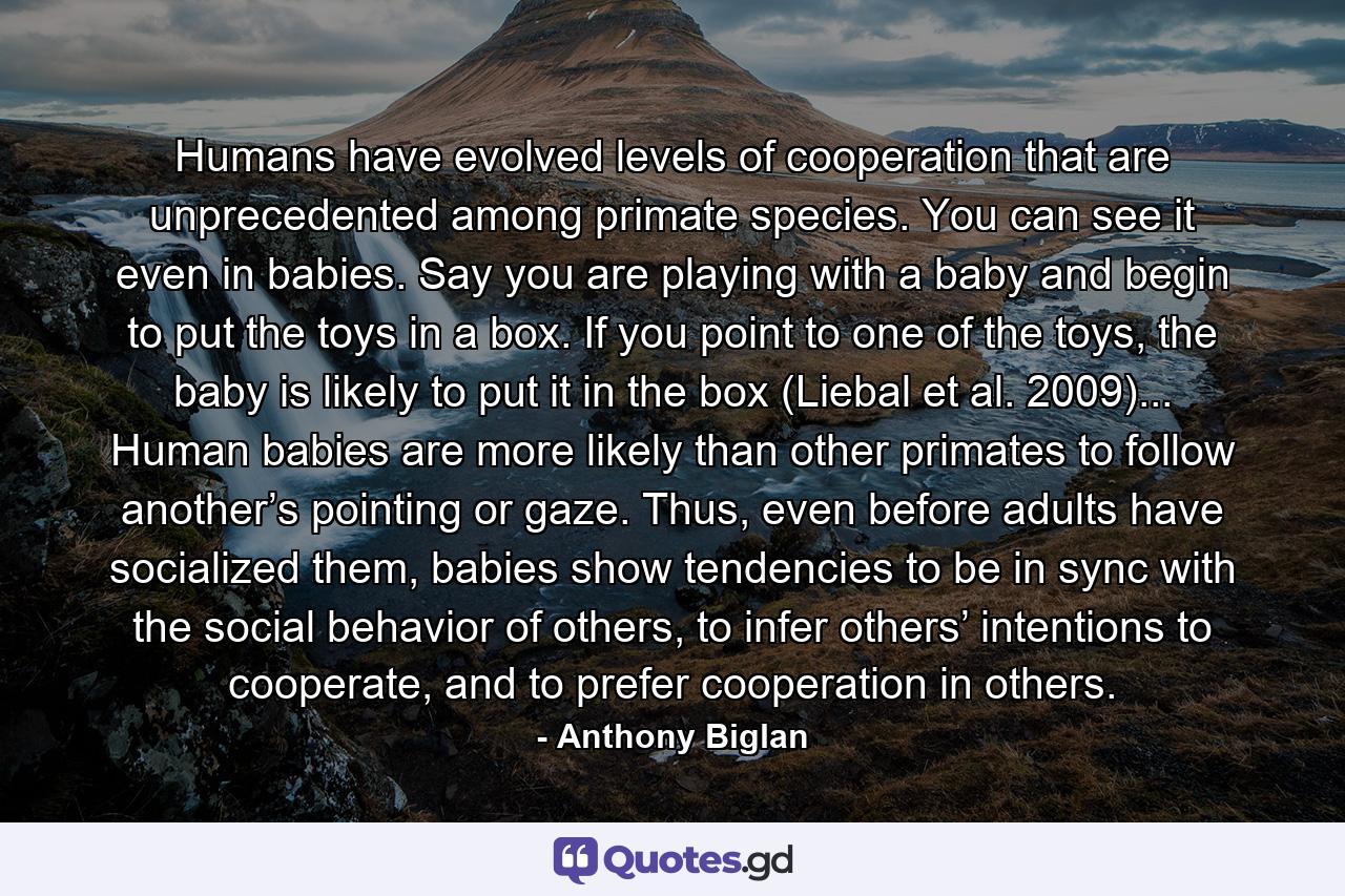 Humans have evolved levels of cooperation that are unprecedented among primate species. You can see it even in babies. Say you are playing with a baby and begin to put the toys in a box. If you point to one of the toys, the baby is likely to put it in the box (Liebal et al. 2009)... Human babies are more likely than other primates to follow another’s pointing or gaze. Thus, even before adults have socialized them, babies show tendencies to be in sync with the social behavior of others, to infer others’ intentions to cooperate, and to prefer cooperation in others. - Quote by Anthony Biglan