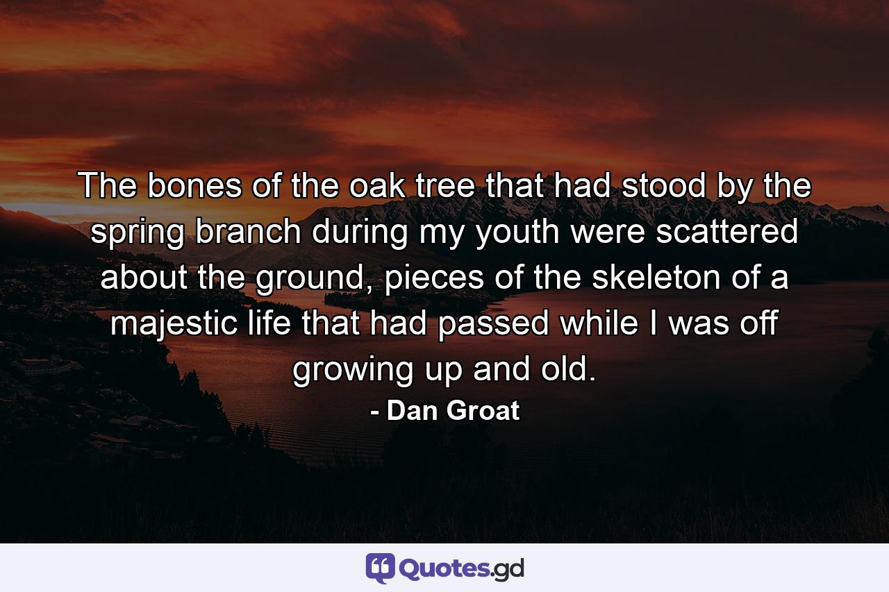 The bones of the oak tree that had stood by the spring branch during my youth were scattered about the ground, pieces of the skeleton of a majestic life that had passed while I was off growing up and old. - Quote by Dan Groat