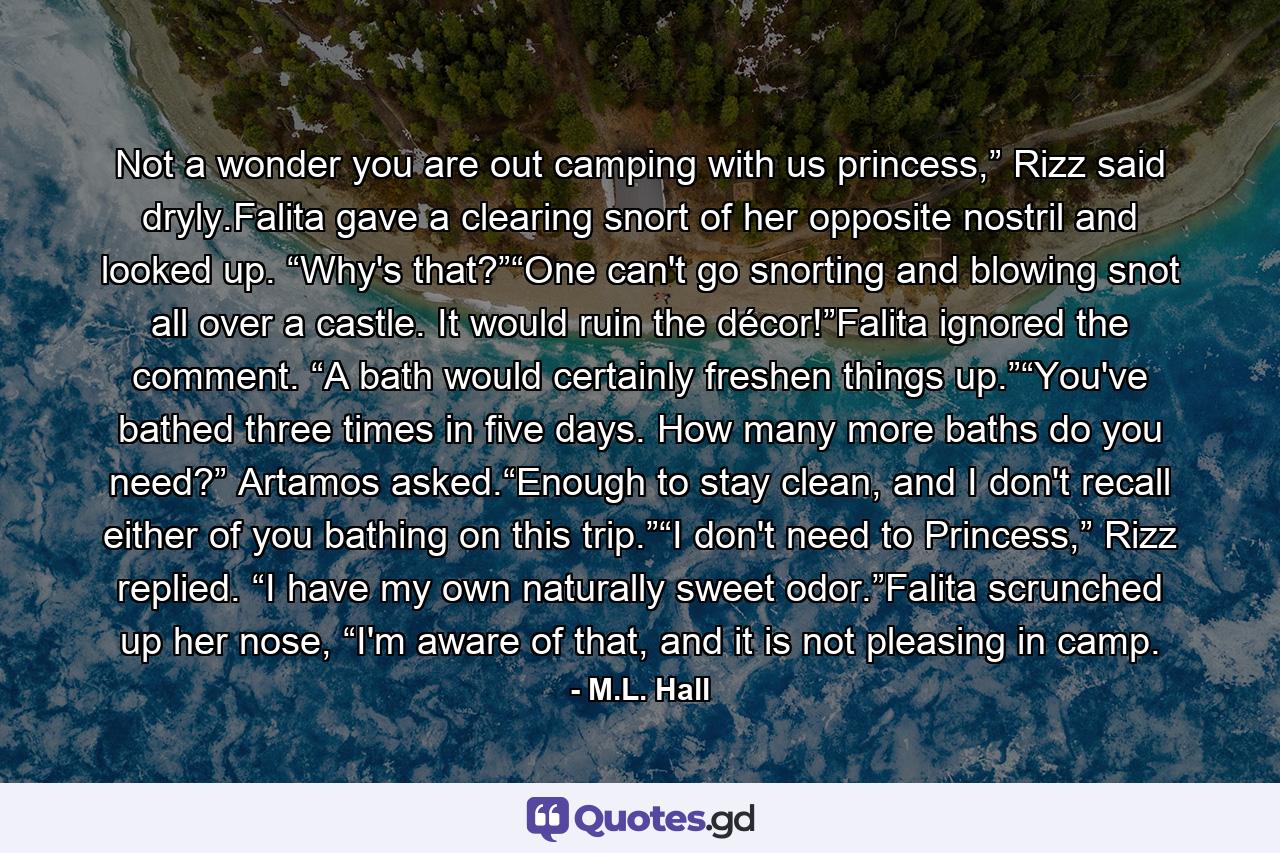 Not a wonder you are out camping with us princess,” Rizz said dryly.Falita gave a clearing snort of her opposite nostril and looked up. “Why's that?”“One can't go snorting and blowing snot all over a castle. It would ruin the décor!”Falita ignored the comment. “A bath would certainly freshen things up.”“You've bathed three times in five days. How many more baths do you need?” Artamos asked.“Enough to stay clean, and I don't recall either of you bathing on this trip.”“I don't need to Princess,” Rizz replied. “I have my own naturally sweet odor.”Falita scrunched up her nose, “I'm aware of that, and it is not pleasing in camp. - Quote by M.L. Hall