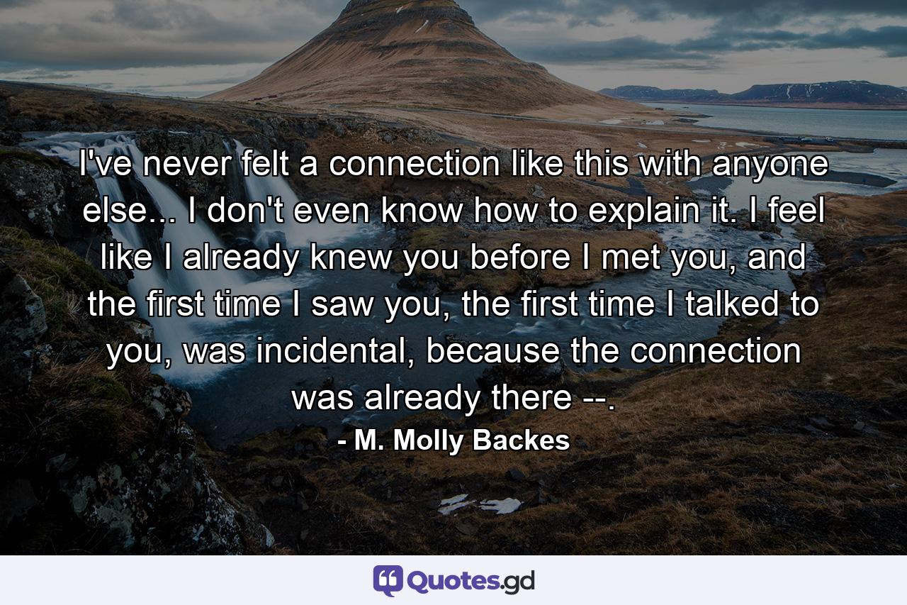 I've never felt a connection like this with anyone else... I don't even know how to explain it. I feel like I already knew you before I met you, and the first time I saw you, the first time I talked to you, was incidental, because the connection was already there --. - Quote by M. Molly Backes