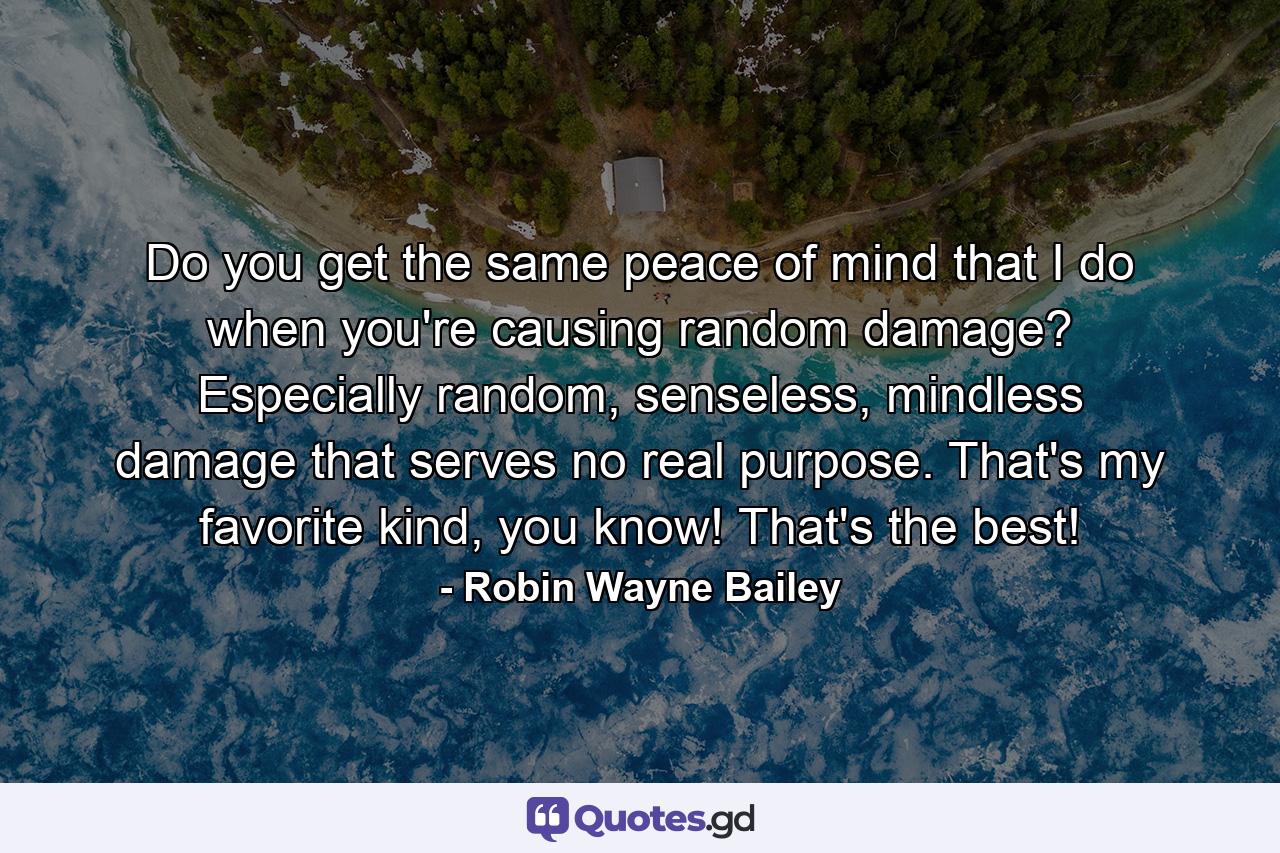 Do you get the same peace of mind that I do when you're causing random damage? Especially random, senseless, mindless damage that serves no real purpose. That's my favorite kind, you know! That's the best! - Quote by Robin Wayne Bailey