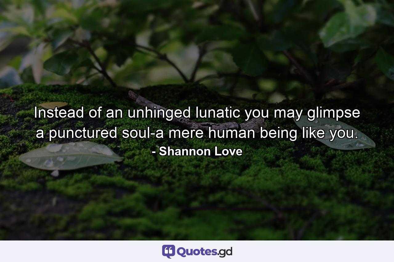 Instead of an unhinged lunatic you may glimpse a punctured soul-a mere human being like you. - Quote by Shannon Love