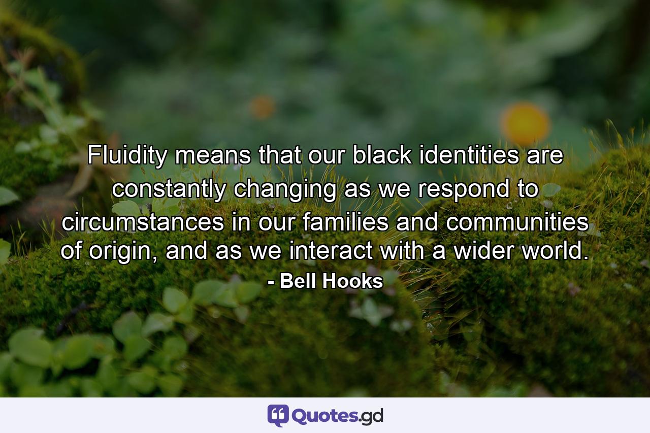 Fluidity means that our black identities are constantly changing as we respond to circumstances in our families and communities of origin, and as we interact with a wider world. - Quote by Bell Hooks