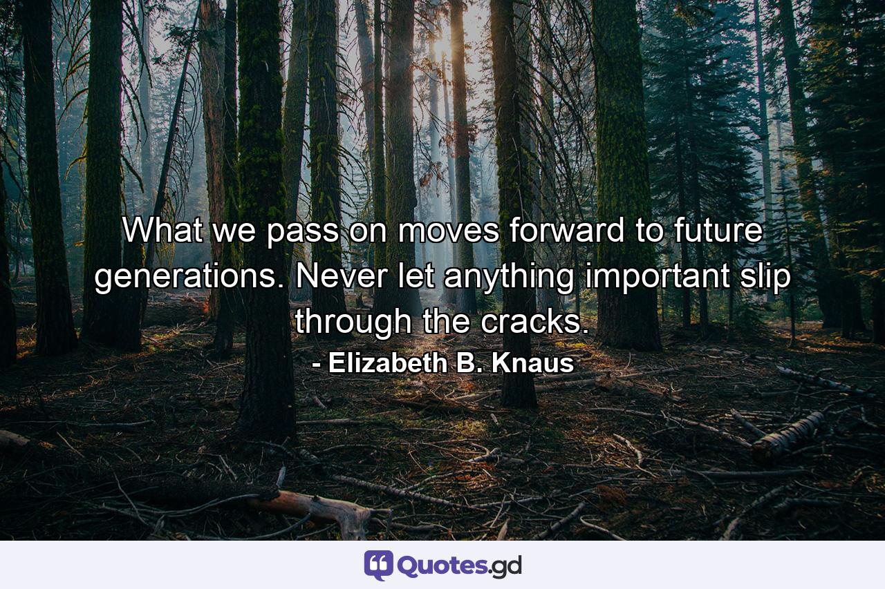 What we pass on moves forward to future generations. Never let anything important slip through the cracks. - Quote by Elizabeth B. Knaus