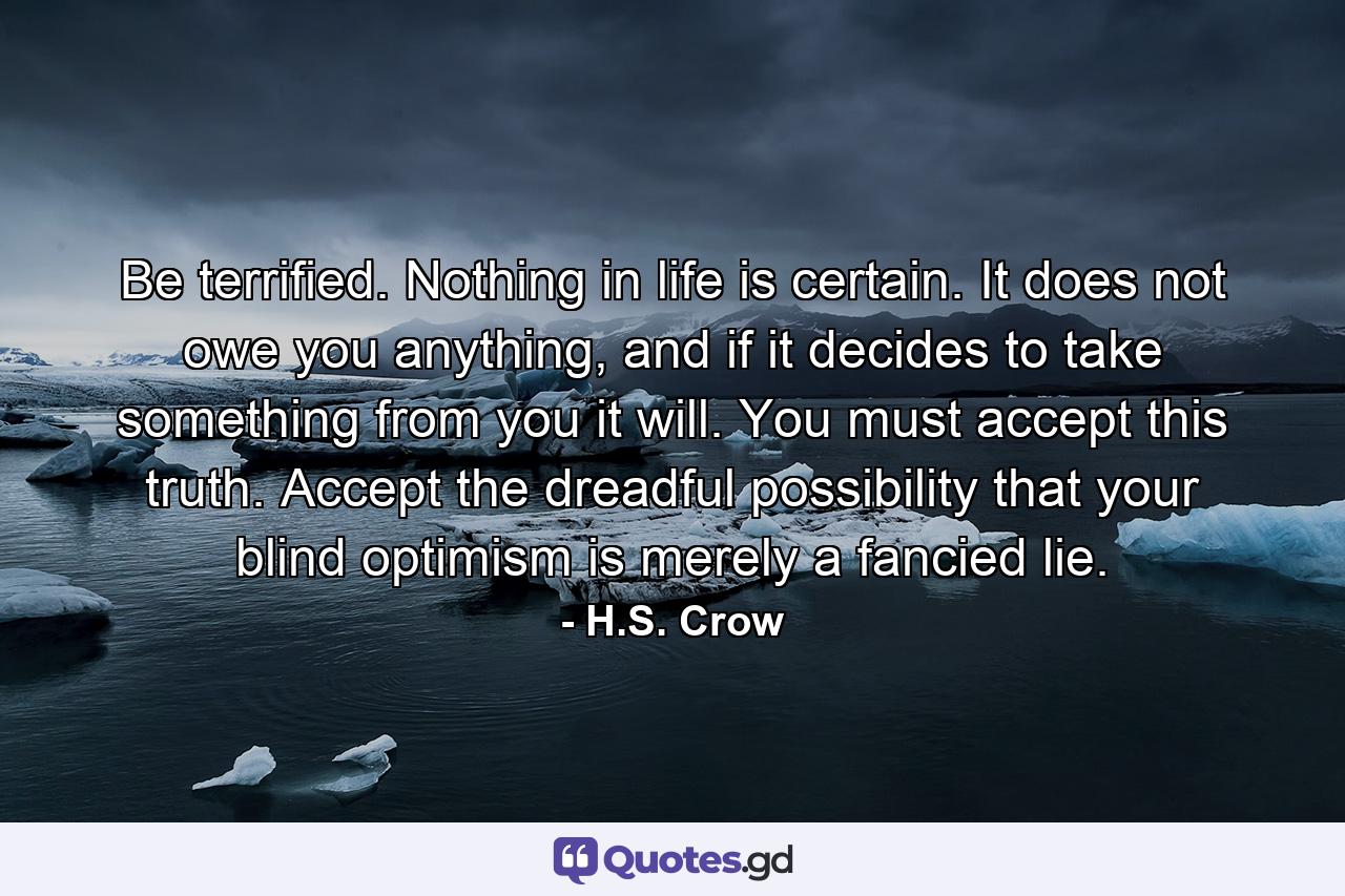 Be terrified. Nothing in life is certain. It does not owe you anything, and if it decides to take something from you it will. You must accept this truth. Accept the dreadful possibility that your blind optimism is merely a fancied lie. - Quote by H.S. Crow