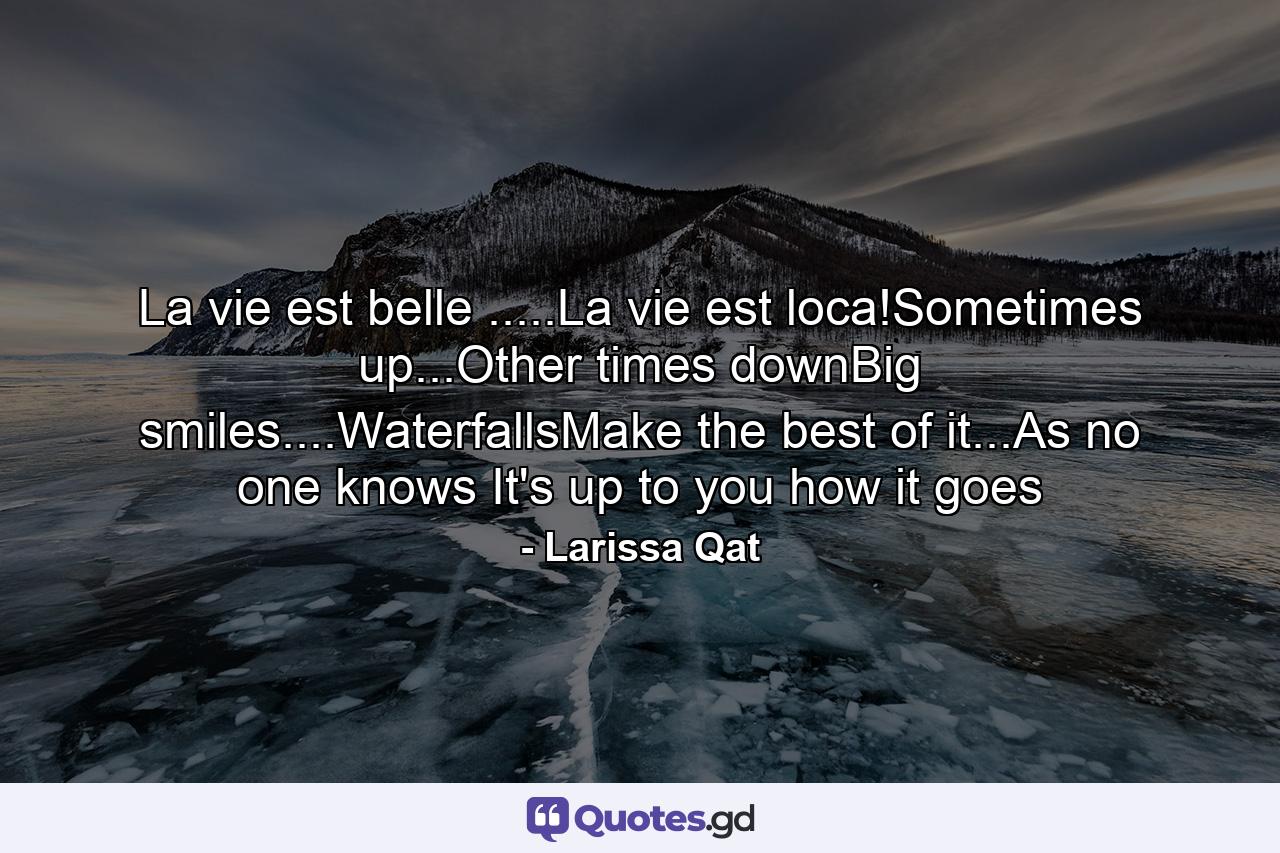 La vie est belle .....La vie est loca!Sometimes up...Other times downBig smiles....WaterfallsMake the best of it...As no one knows It's up to you how it goes - Quote by Larissa Qat