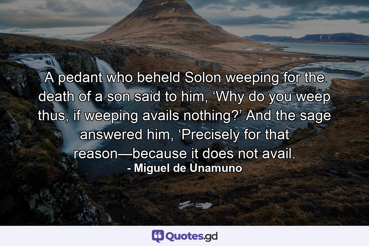 A pedant who beheld Solon weeping for the death of a son said to him, ‘Why do you weep thus, if weeping avails nothing?’ And the sage answered him, ‘Precisely for that reason—because it does not avail. - Quote by Miguel de Unamuno