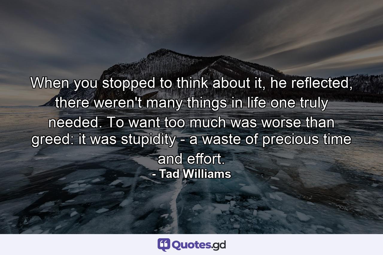 When you stopped to think about it, he reflected, there weren't many things in life one truly needed. To want too much was worse than greed: it was stupidity - a waste of precious time and effort. - Quote by Tad Williams