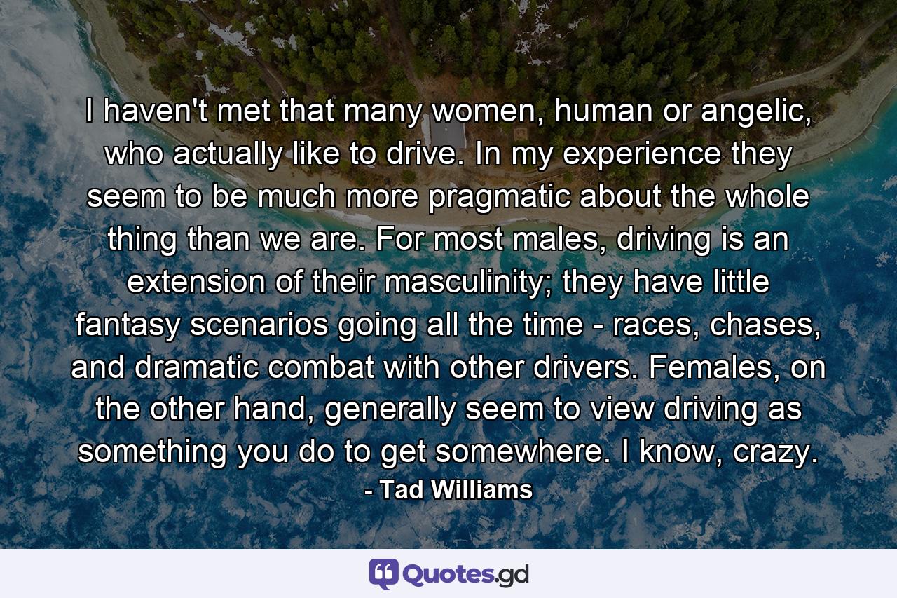 I haven't met that many women, human or angelic, who actually like to drive. In my experience they seem to be much more pragmatic about the whole thing than we are. For most males, driving is an extension of their masculinity; they have little fantasy scenarios going all the time - races, chases, and dramatic combat with other drivers. Females, on the other hand, generally seem to view driving as something you do to get somewhere. I know, crazy. - Quote by Tad Williams